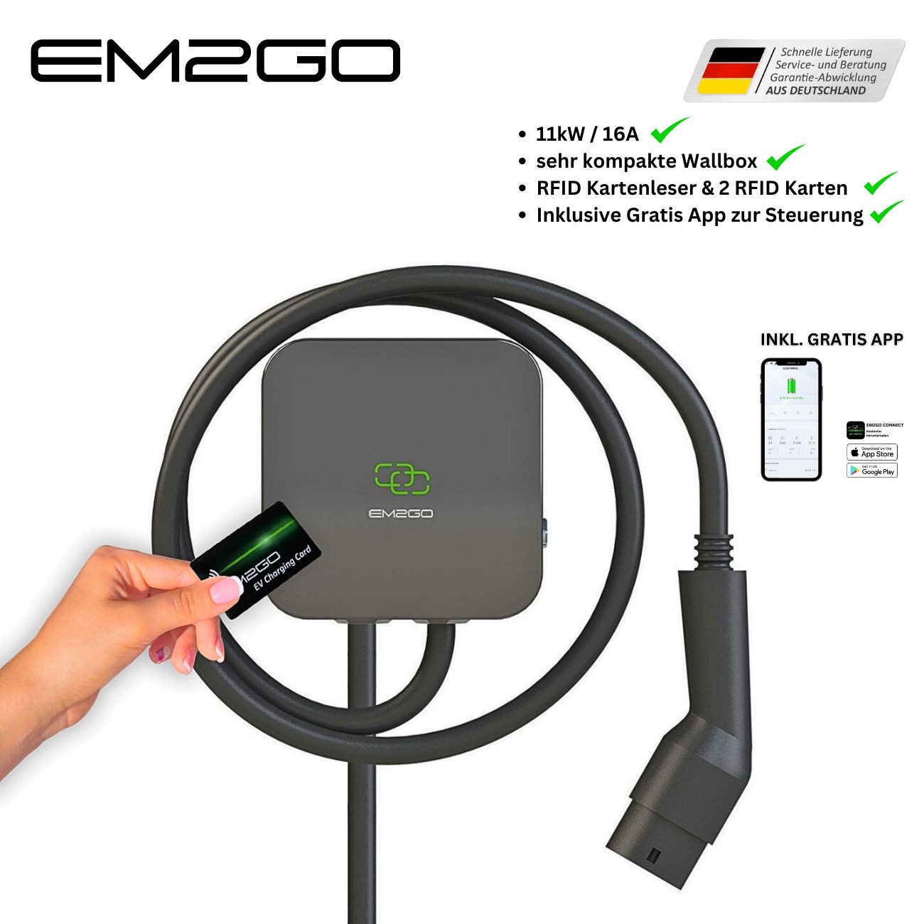 EM2GO Stationär Elektroauto-Ladestation 11kW AC Mini Wallbox Single Power 5m inkl. App, 11,00kW / 16A, 3-Phasig
