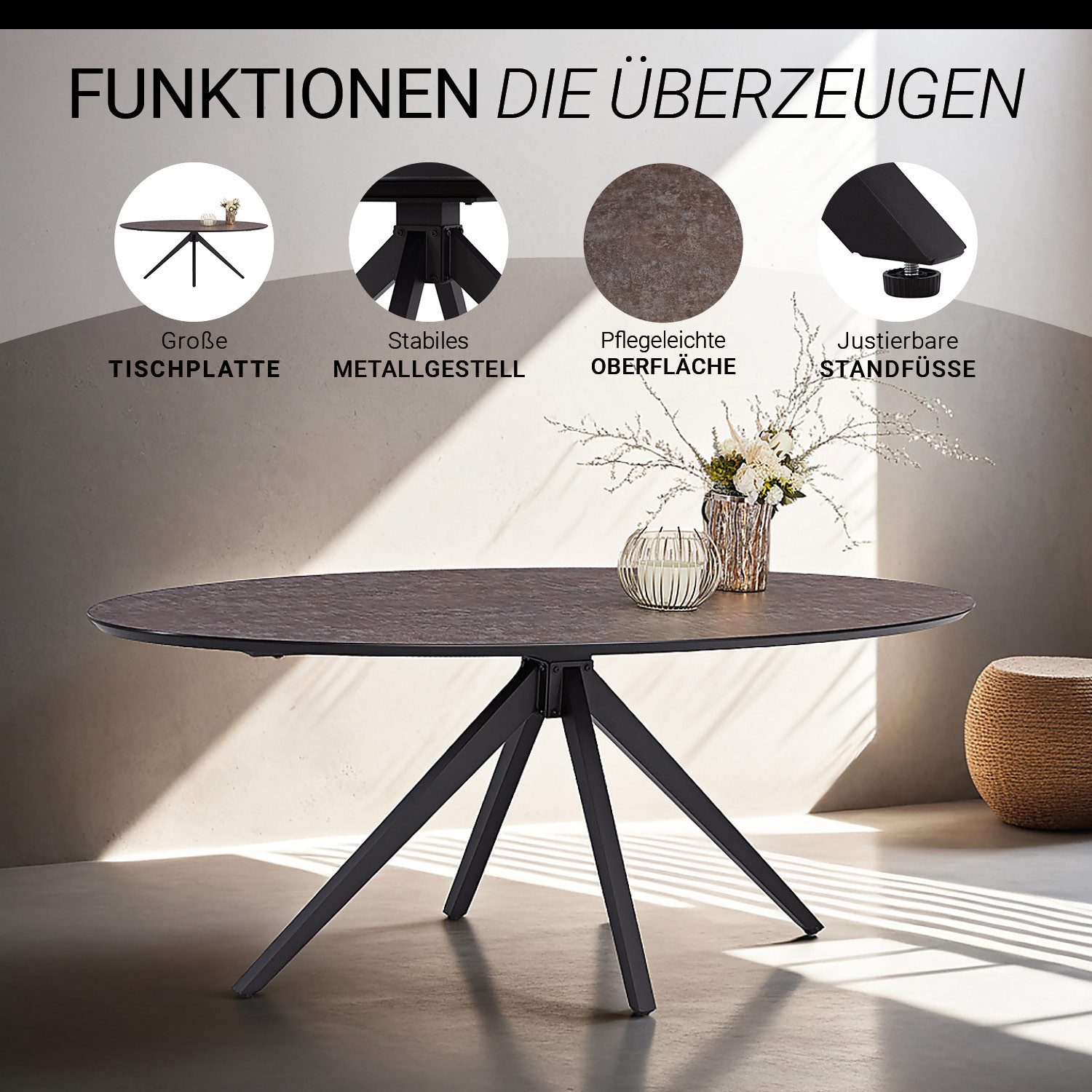 Homestyle4u Esstisch 200x100 cm Esszimmertisch Küchentisch Oval Metall rund Steinoptik (1-St., Kufentisch, Mocha Mousse, Spidergestell, Steinoptik, Konferenztisch), HPL (High Pressure Laminate), beschichtet, kratzfest, Industrial, matt