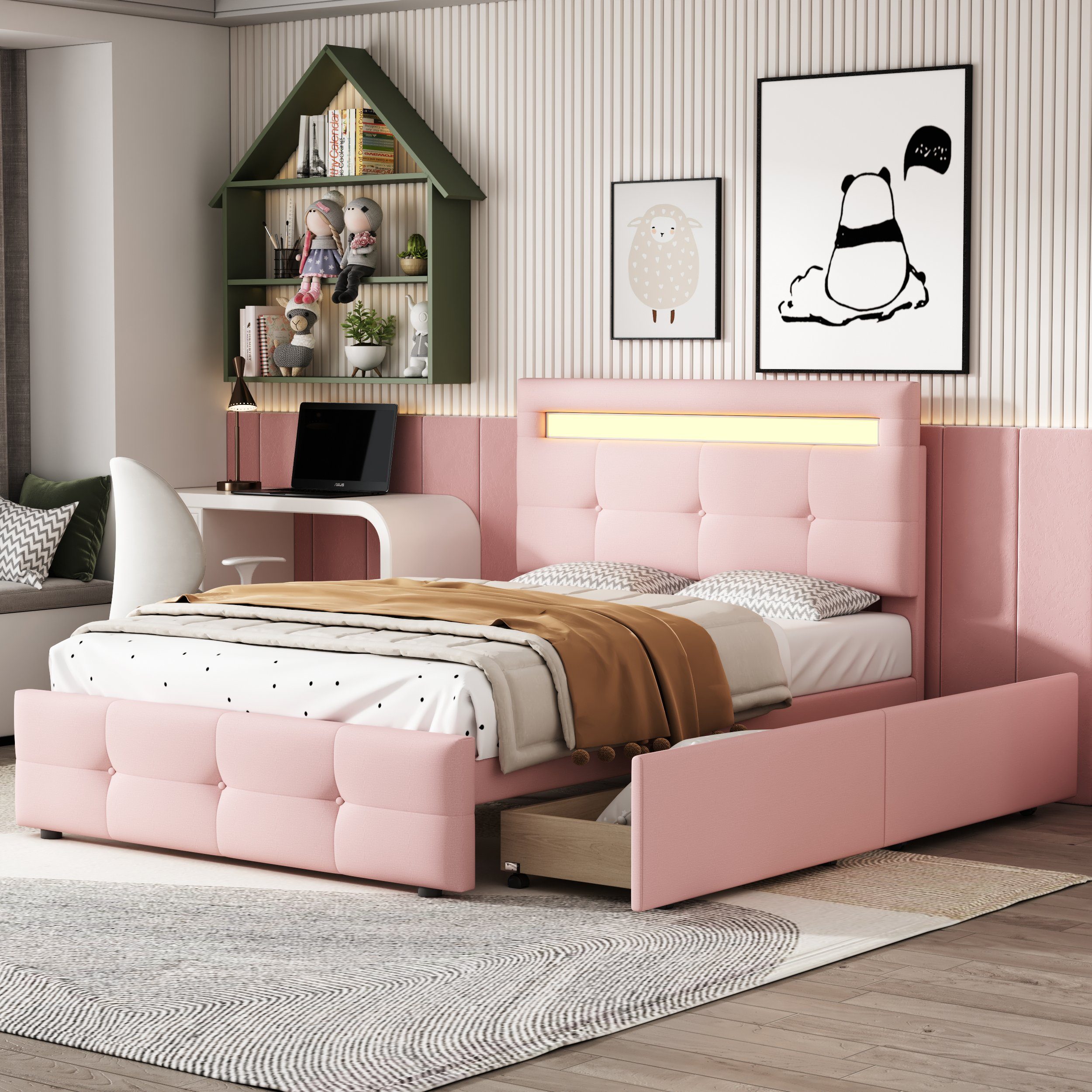 Polsterbett WISHDOR Matratze Kinderbett 2 Bett hautfreundlicher Einzelbett Jugendbett rosa LED-Leuchten, Schubladen, (mit Leinenpolsterung 90*200cm ohne flach),