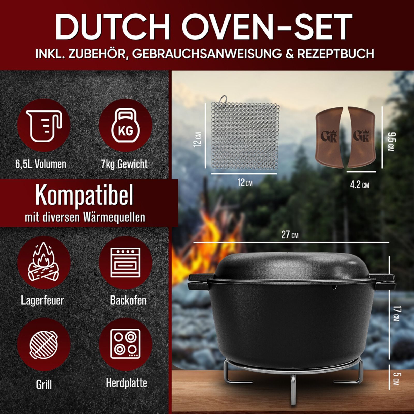 GUSSKÖNIG Feuertopf Dutch Oven 5 l Set aus Gusseisen – 2in1 mit Zubehör Grill Lagerfeuer, Gusseisen