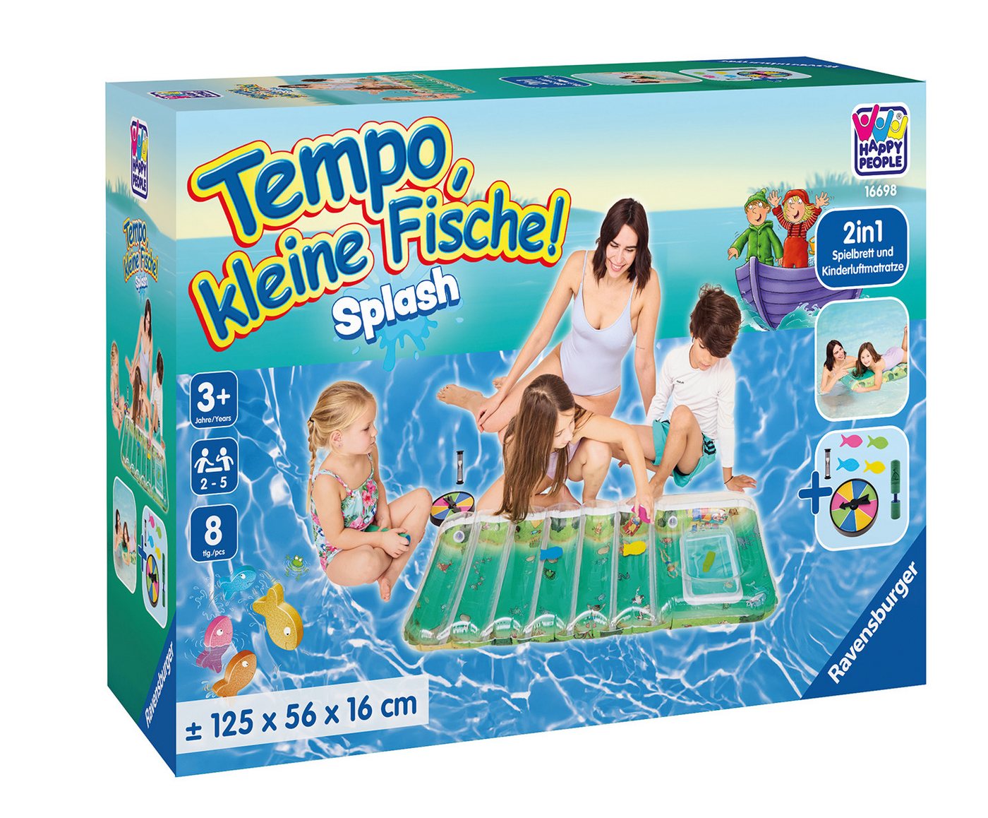 Happy People Spiel Ravensburger Tempo kleine Fische, Outdoorspiel, 2in1 Spielbrett und Kinderluftmatratze