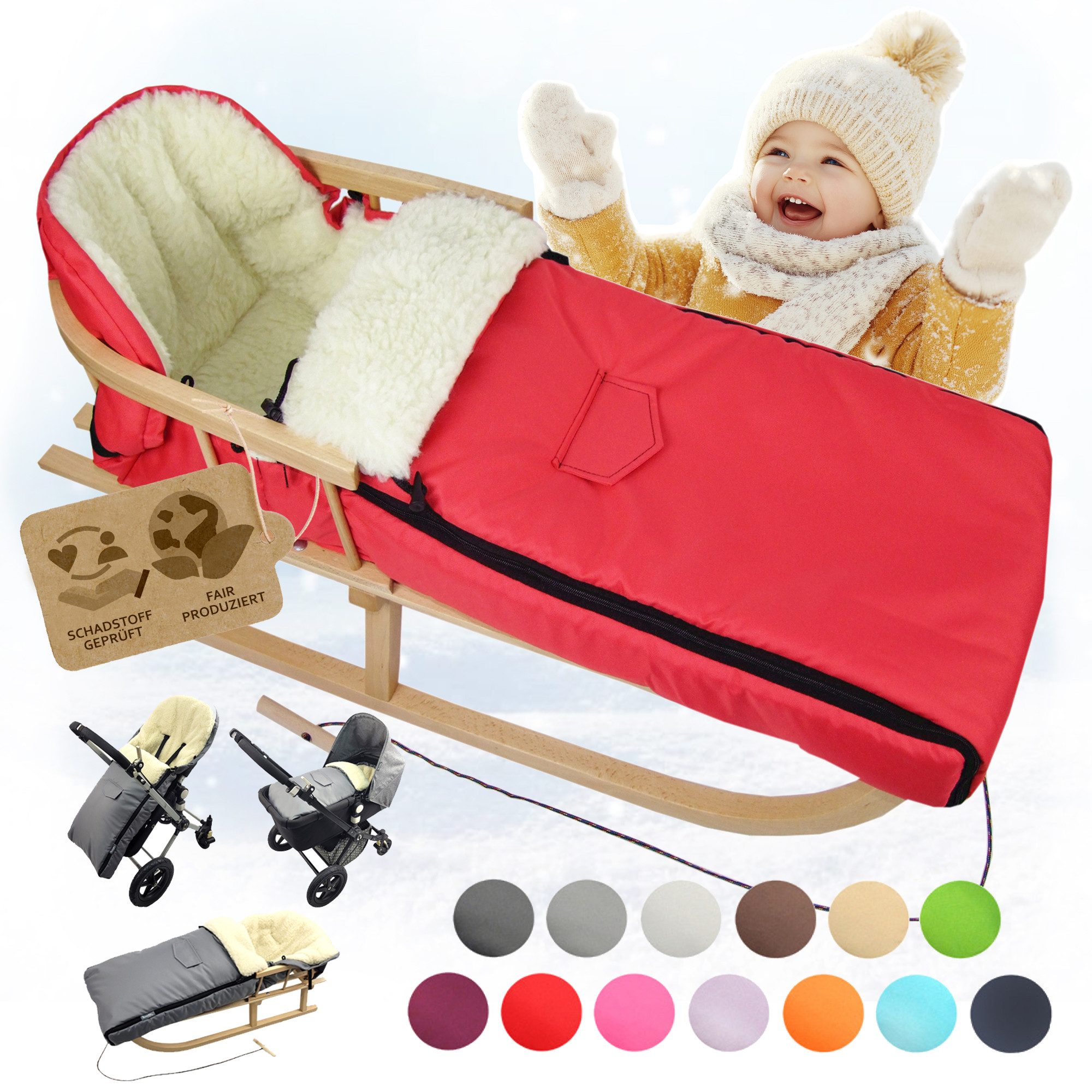 BambiniWelt by Rafael K. Schlitten CE-HOLZSCHLITTEN mit Rückenlehne Zugleine + WINTERFUßSACK Wolle 108cm (universaler Winterfußsack (108cm) + Holzschlitten (90cm), Kombi-Angebot