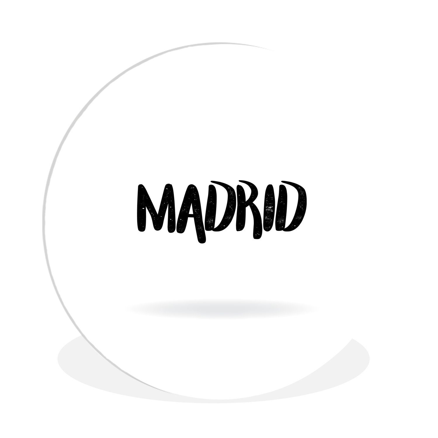 MuchoWow Gemälde Schwarz-weiße Illustration von Madrid mit Großbuchstaben, (1 St), Kreis Wanddekoration Forex, Rundes Wandbild, Wohnzimmer, 30x30 cm | Gemälde