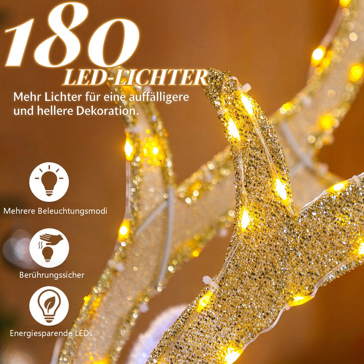 VINGLI LED-Dekofigur Leuchtendes Weihnachtsdeko, 3-teiliges Rentier-Familien-Set, Rentier mit Schlitten, 180 Warmweißen LED-Lichtern, Wetterfest, 120 cm – Bild 4 von 5
