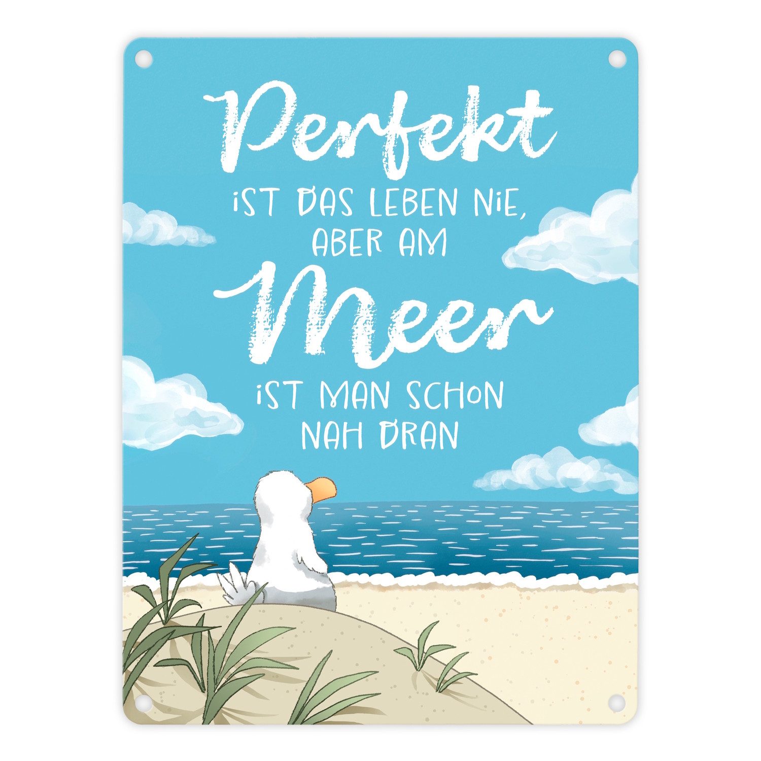 Metallschild Möwe am Strand Metallschild in 15x20 cm mit Spruch Leben Meer fast
