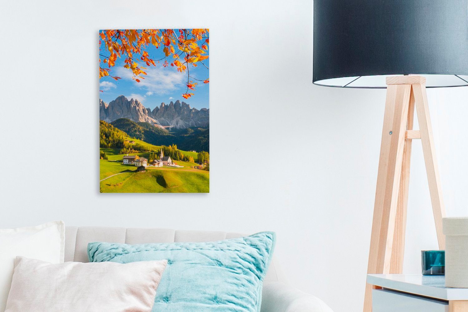 Leinwandbild OneMillionCanvasses® die cm und bespannt Gemälde, Leinwandbild inkl. 20x30 Zackenaufhänger, St), Herbstlaub Blick fertig Dolomiten, (1 auf