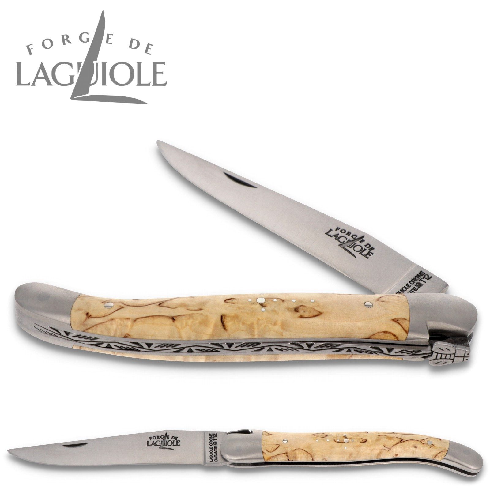 Forge de Laguiole Taschenmesser 1211 IN BO SAT, Griff 11cm Birke - Verzierte Feder - Klinge Backen Stahl satiniert
