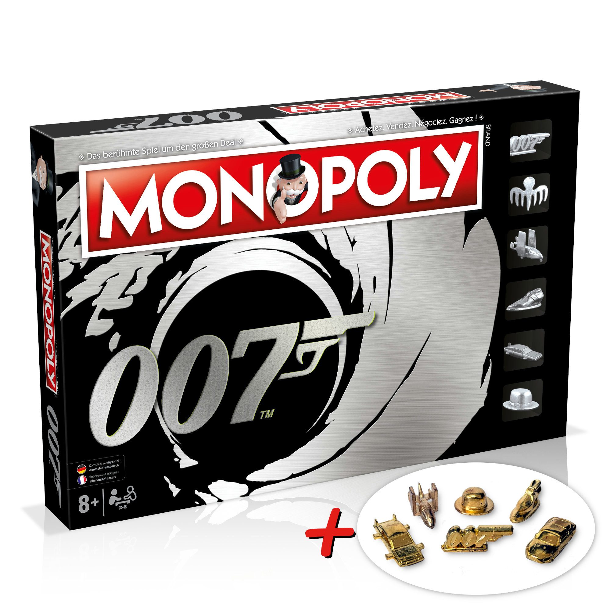 Winning Moves Spiel Monopoly - James Bond + 6 EXTRA Gold Spielfiguren, Brettspiel, komplett zweisprachig in Deutsch und Französisch