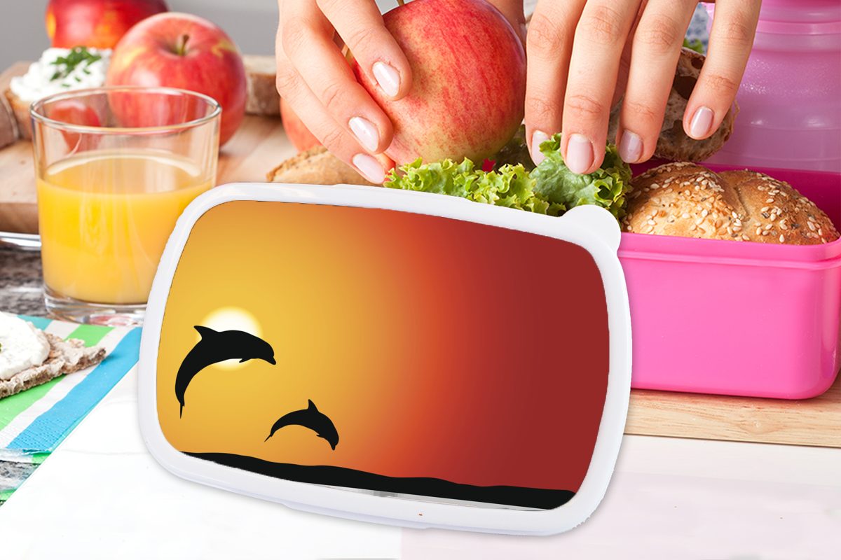 Kunststoff Brotdose Brotbox für - rosa Kunststoff, Delfine Erwachsene, MuchoWow (2-tlg), - Lunchbox Silhouette Snackbox, Kinder, Sonnenuntergang, Mädchen,
