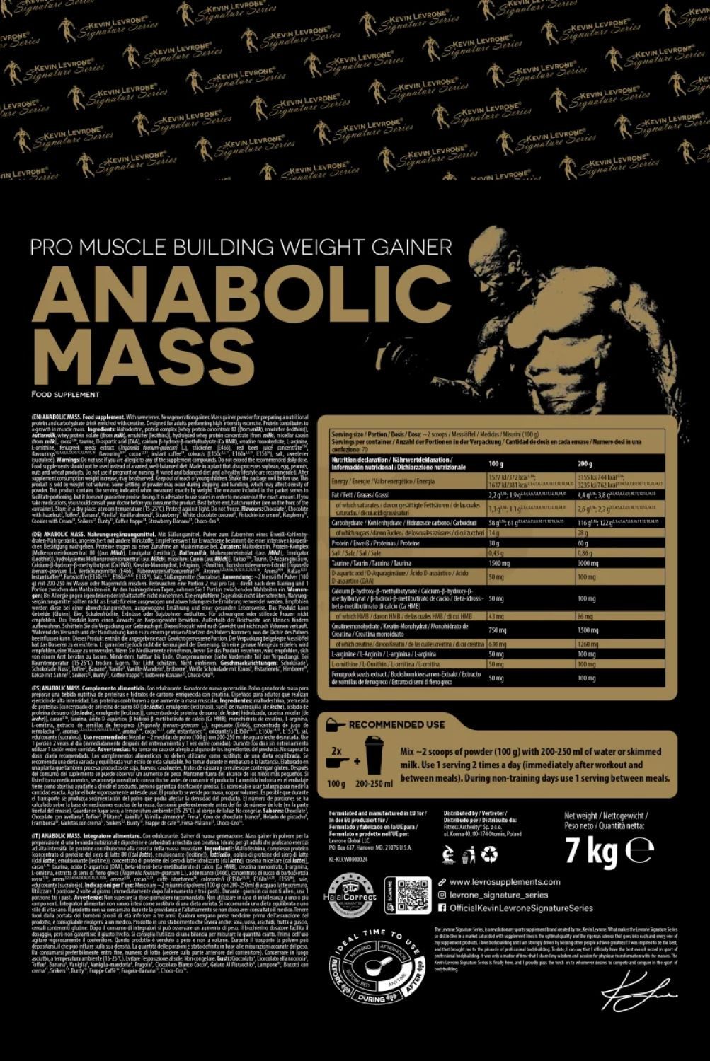 Kevin Levrone Kevin Levrone Anabolic Mass 7kg Pulver, Kreatin-Monohydrat, Taurin sowie Aminosäuren