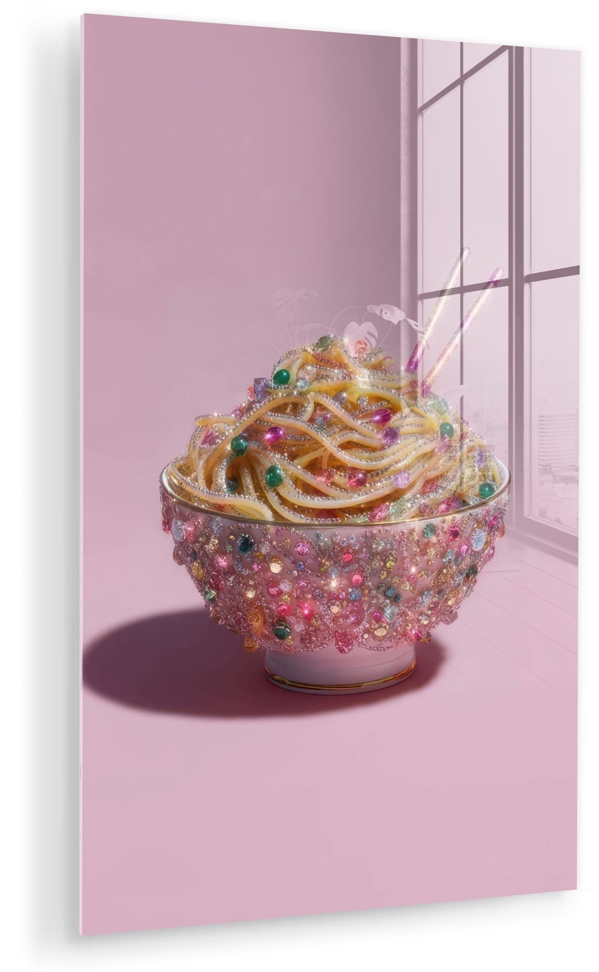 MuchoWow Acrylglasbild Nudeln - Edelsteine - Stäbchen - Rosa, Inkl. Aufhängung, Dekorative Bild für Küche & Wohnzimmer auf Glas, 20x30 cm