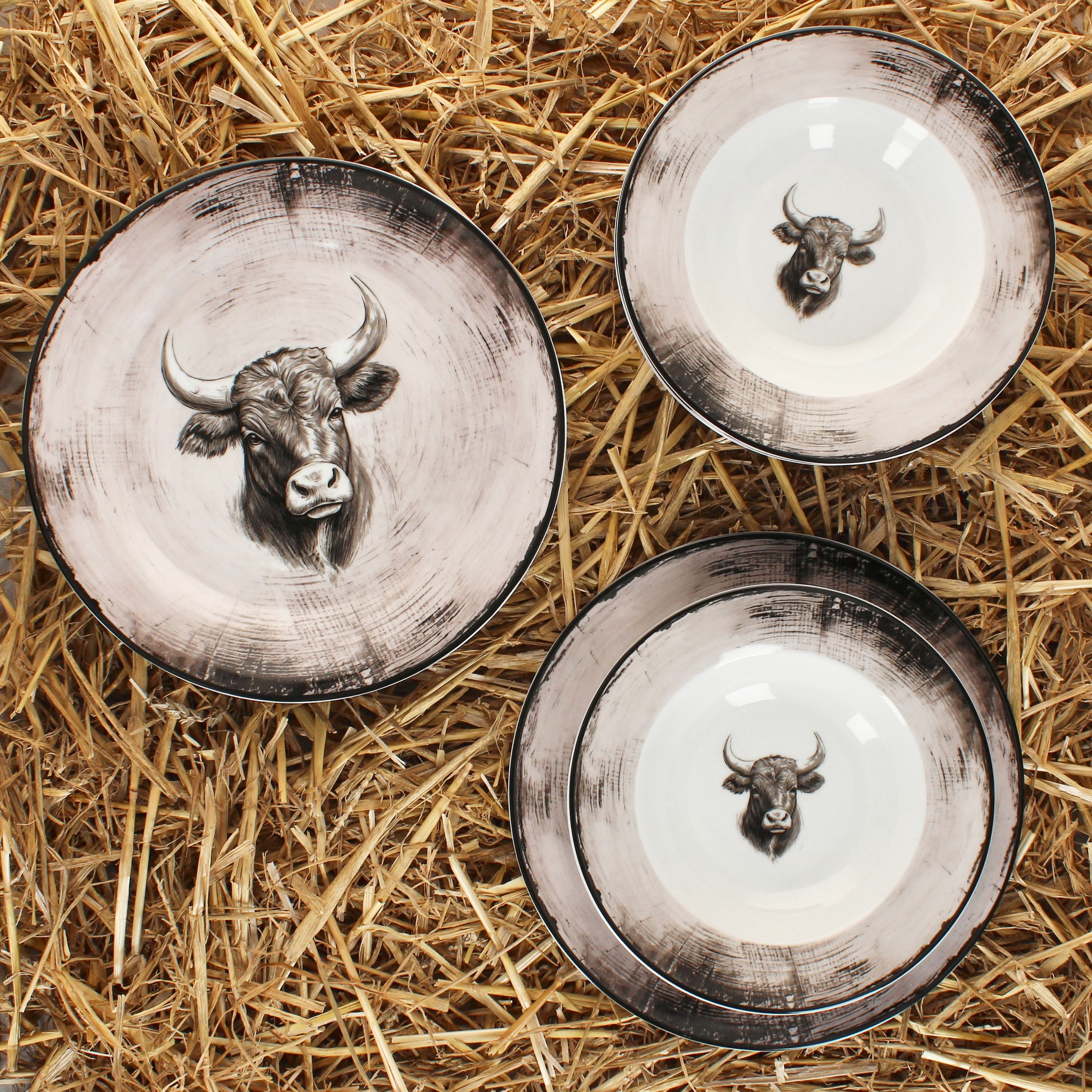 MamboCat Tafelservice MamboCat Toro 12tlg Tafelservice Speiseteller Suppenteller Kuh rosa, Porzellan