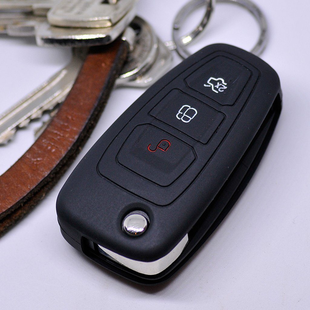mt-key Schlüsseltasche Tasten Mondeo S-Max 3 Transit Autoschlüssel Ford Silikon Softcase Fiesta Klappschlüssel Schutzhülle Focus für Schwarz