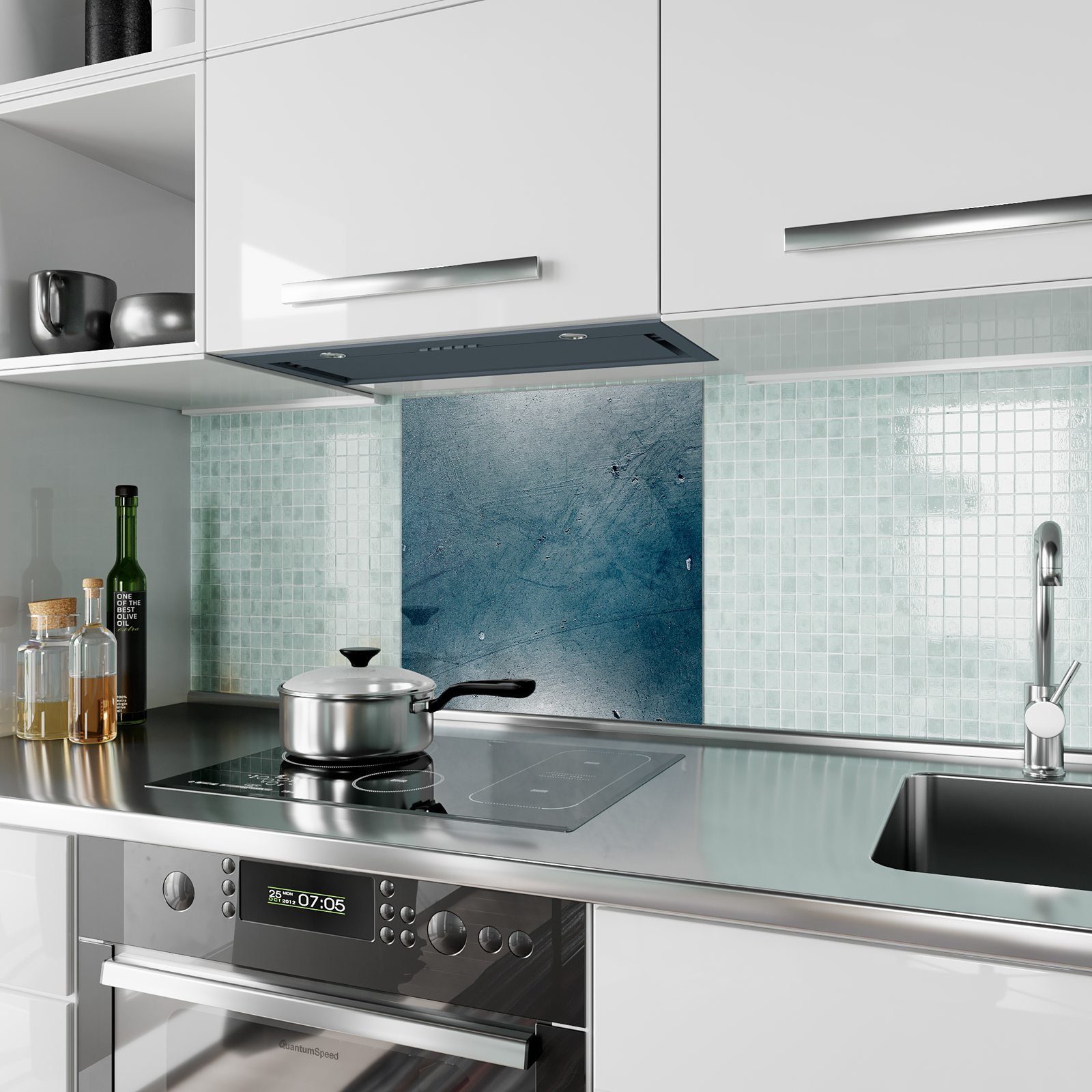 Spritzschutz Primedeco Küchenrückwand Küchenrückwand Blauer Hintergrund Grunge mit Glas Motiv