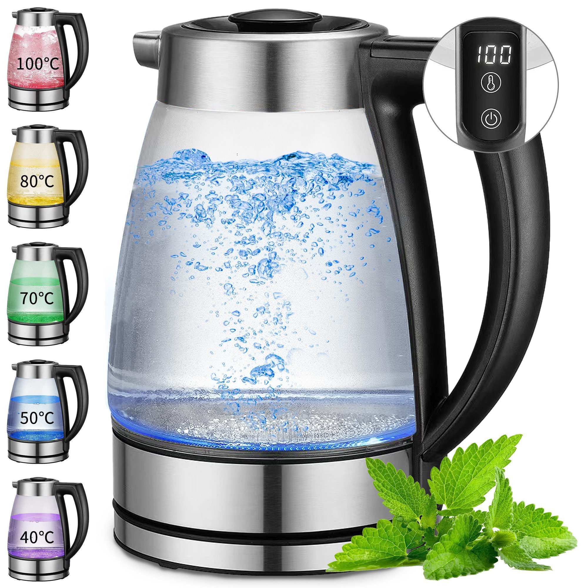 Fyrove Wasserkocher Wasserkocher mit temperatureinstellung, Wasserkocher Glas 2,0 Liter, 2200,00 W, Temperaturwahl 40-100°C Farbwechsel LED Temperatur