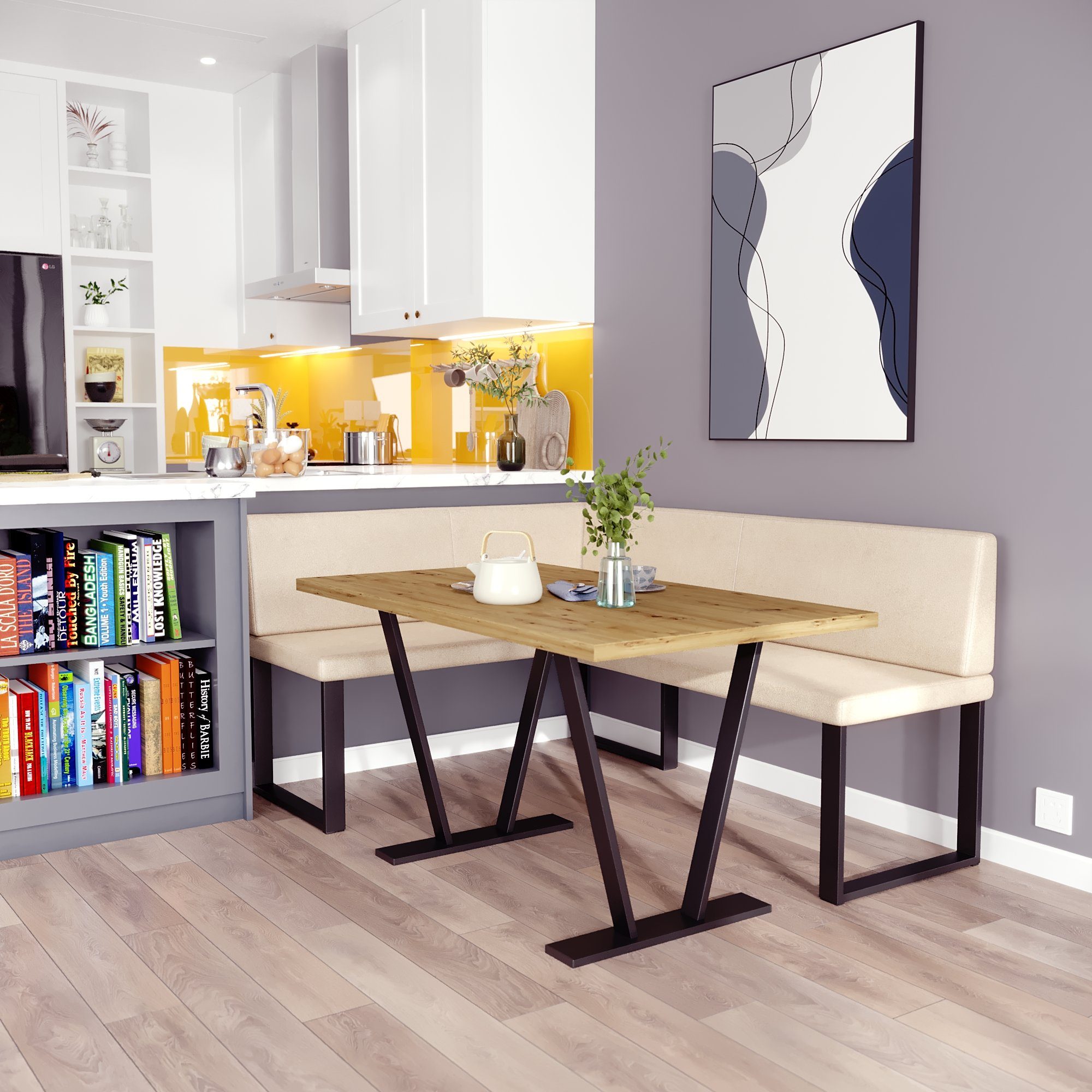 sofa4you Eckbankgruppe Alina Metall beige Tisch, Küche Esszimmer, Moderne mit perfekt Sitzecke Ihr (128x168/142x196) für