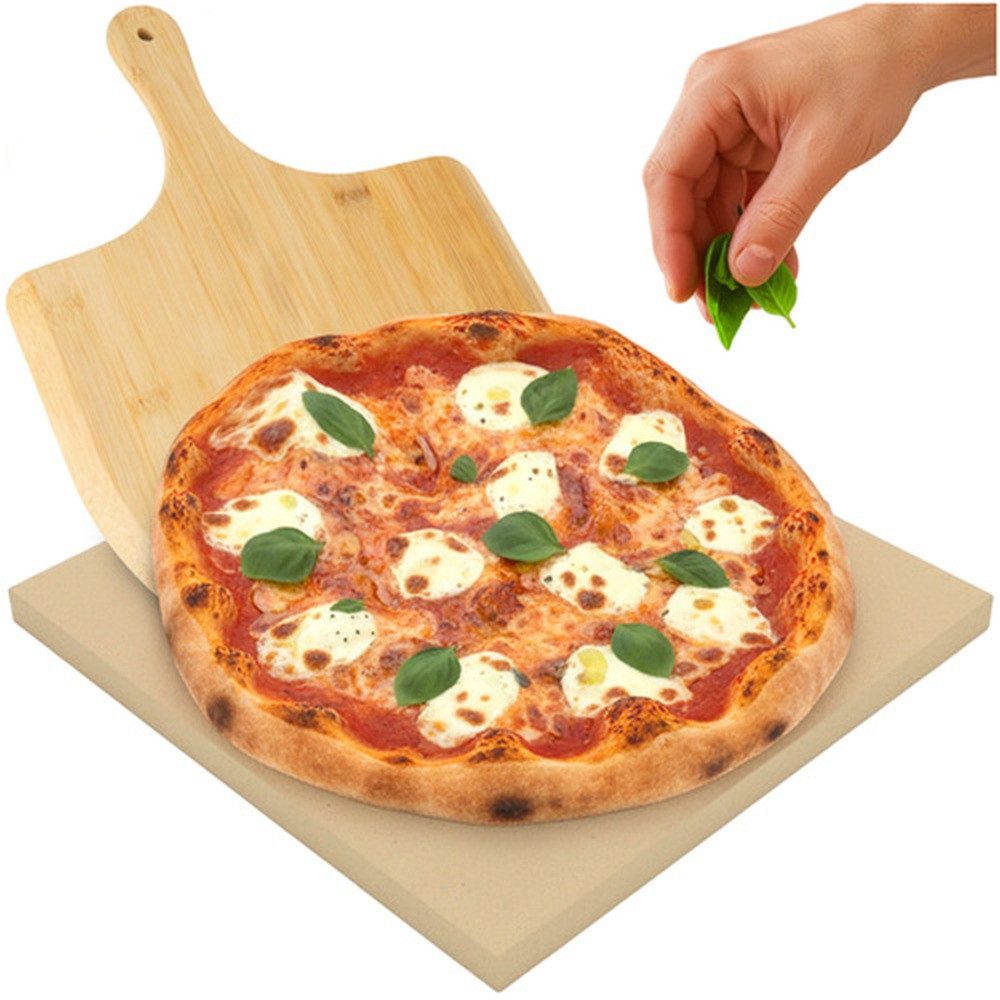 Ruhhy Pizzastein Bambusspatel 2-in-1 Cordierit, Cordierit, (Spar-Set, 2-St., Einfache Reinigung), Ideal für Backofen, Grill und Holzofen