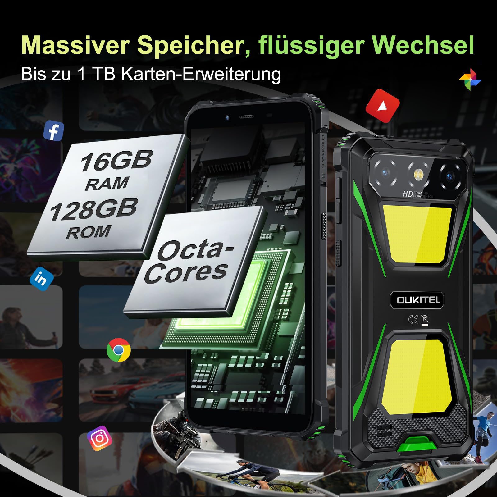OUKITEL G5 16+128GB Android 14 Outdoor Smartphone (15,24 cm/6.0 Zoll, 128 GB Speicherplatz, 13 MP Kamera, IP68 Wasserdicht Baustellenhandy, 6300mAh, Zeltlampe, OTG, GPS)