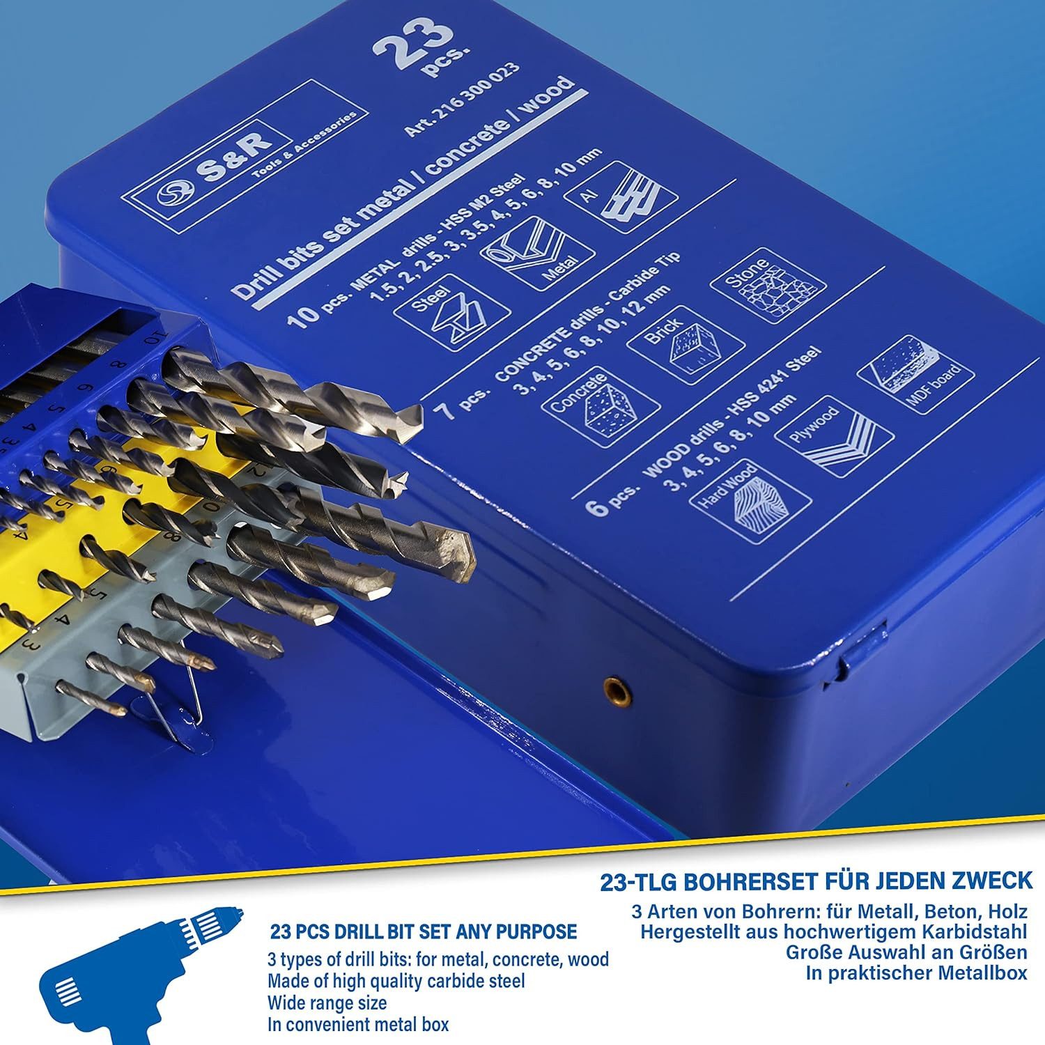S&R Bohrersatz Professionelle Holzbohrer, Metallbohrer, Steinbohrer, mit Rundschaft, (Set, 23 hochwertige Bohrer: 6 Holzbohrer, 10 Metallbohrer, 7 Betonbohrer), gemischter Bohrersatz für Akkuschrauber und Bohrmaschinen
