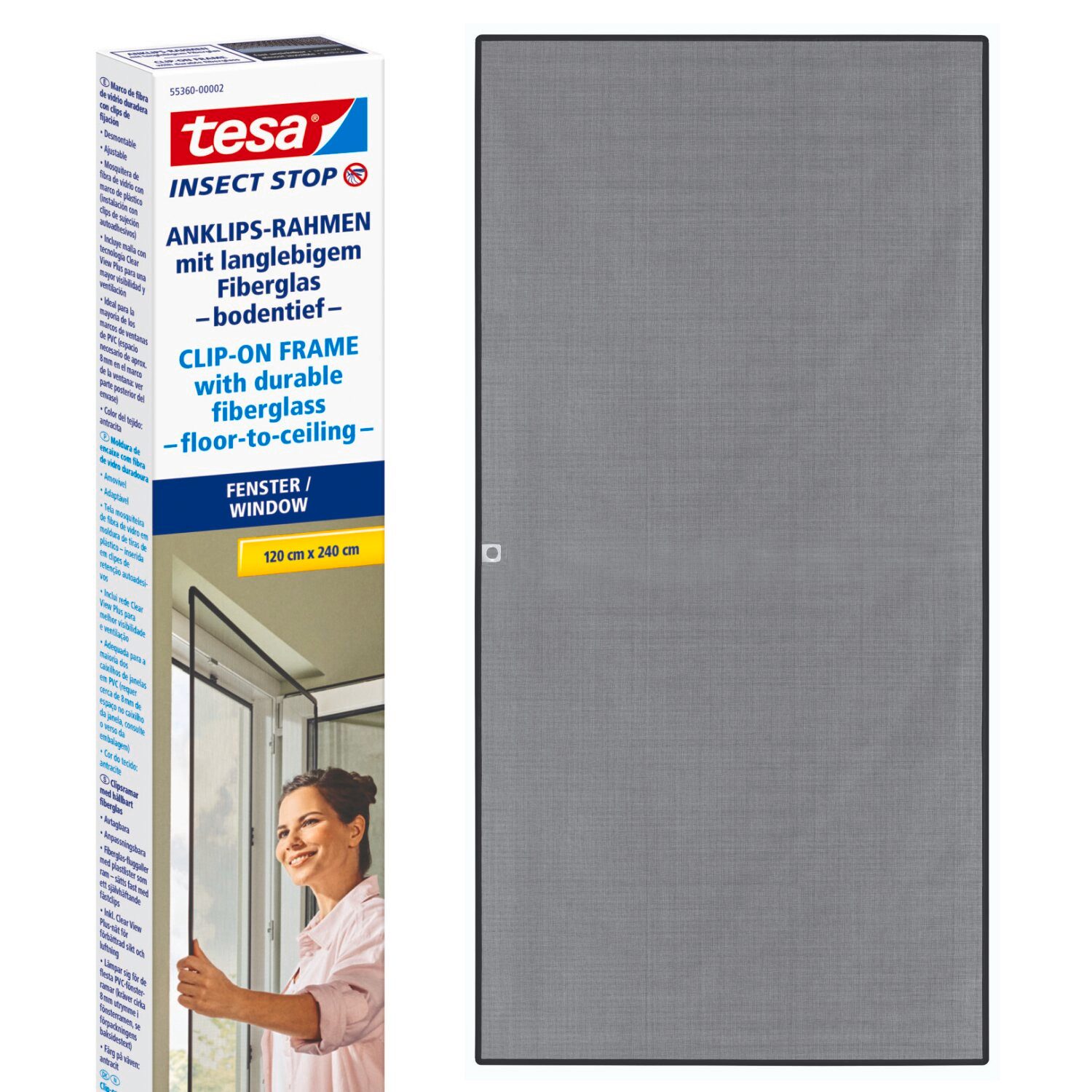 tesa Fliegengitter-Gewebe, (Komplett-Set, 1-St., inkl. Fiberglas-Netz in Anthrazit, Rahmen und Halteklip-Lösung), Selbstklebende Halteklips, zuschneidbarer Clip On Rahmen, ohne Bohren