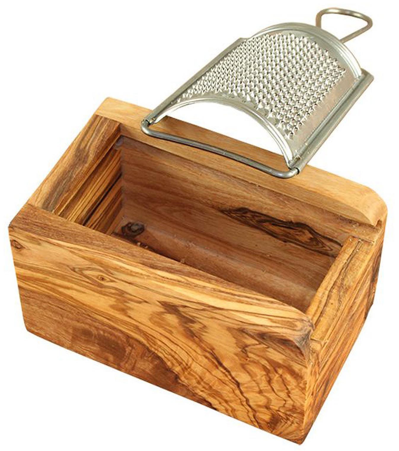 Olivenholz-erleben Käsereibe für Hartkäse und Muskat, aus Edelstahl mit Olivenholzbox, Edelstahl, Olivenholz, (Set, 2-St., Metallreibe Edelstahl mit Auffangbox aus Olivenholz), Metallreibe aus Edelstahl, Auffangbox aus Olivenholz, auch für Muskat