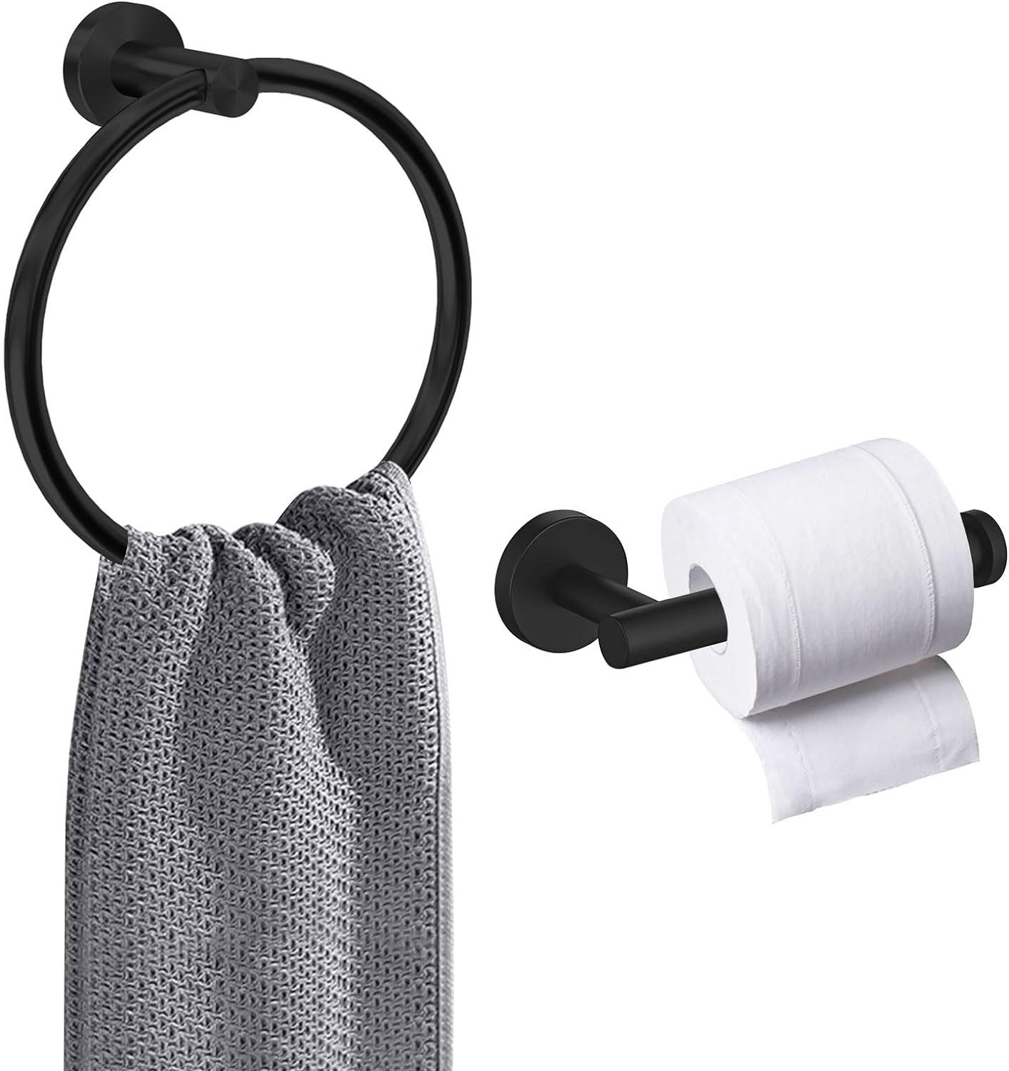 BlingBin Handtuchring 2Pcs Badezimmer Edelsthl Handtuchring und Toilettenpapierhalter, Für Bad, Küche, Büro, Schwarz Matt