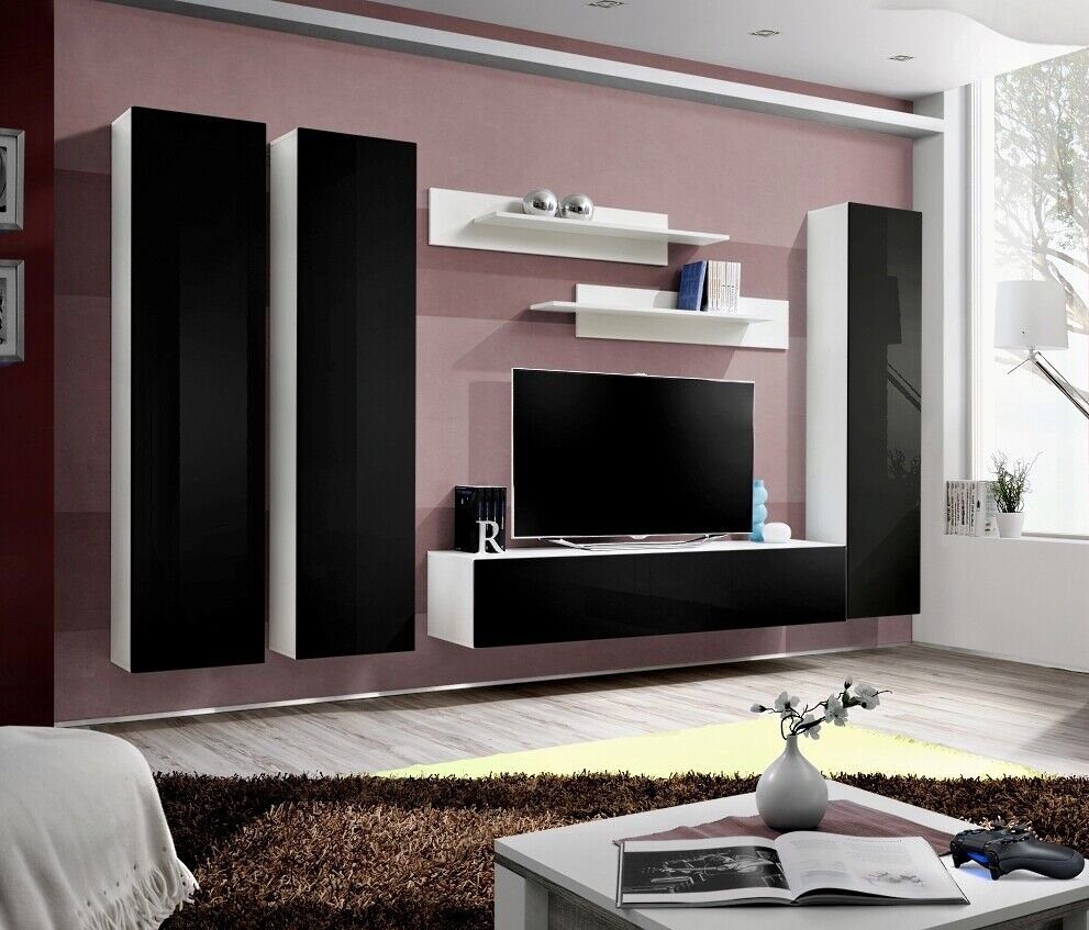 Ständer Wand Regale Wohnzimmer-Set TV Lowboard, Wohnwand Set Wohnzimmer Schwarz in JVmoebel Europa Made