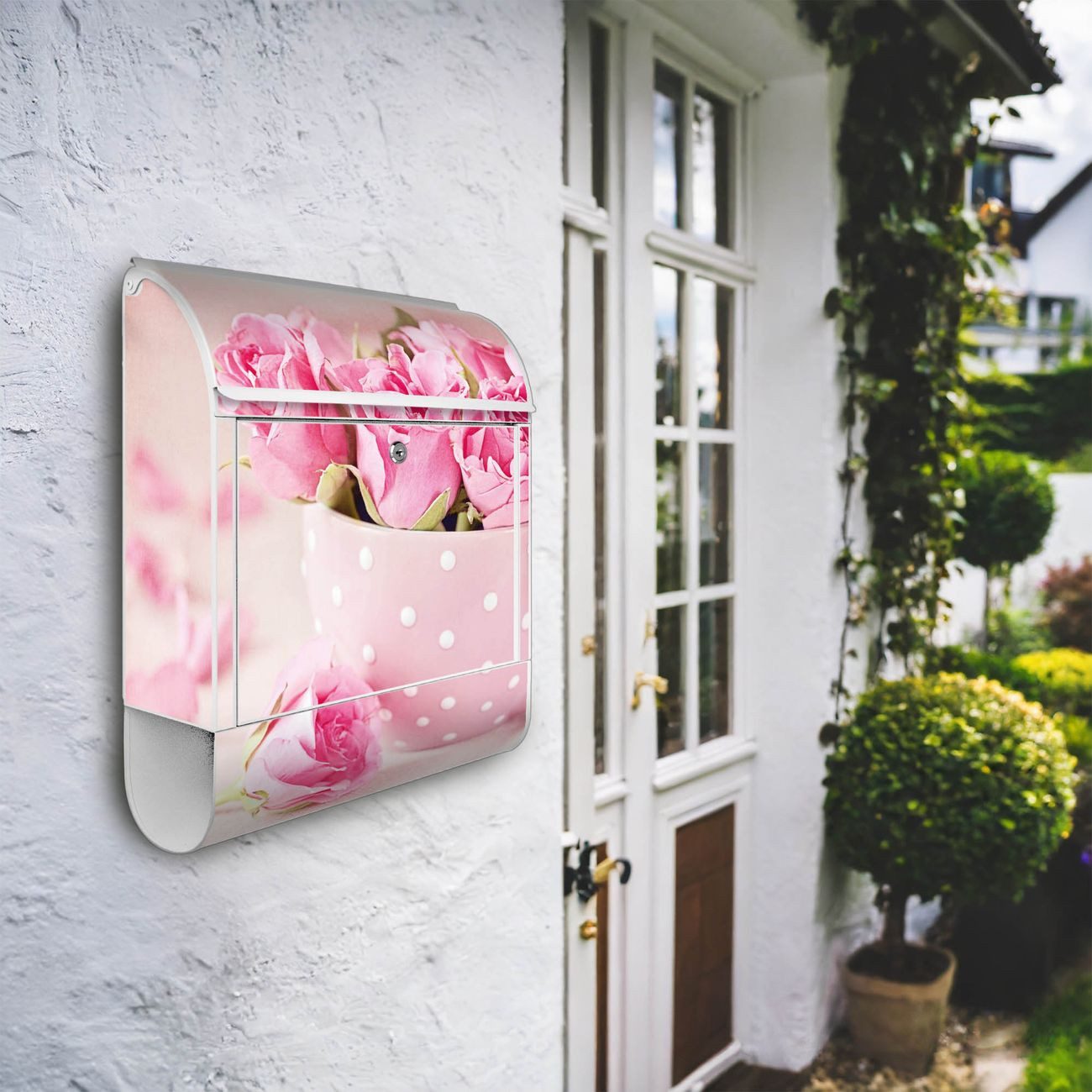 Thumbnail - banjado Wandbriefkasten Stahl Tasse Voll Rosen (Wandbriefkasten witterungsbeständig, pulverbeschichtet, mit Zeitungsfach...