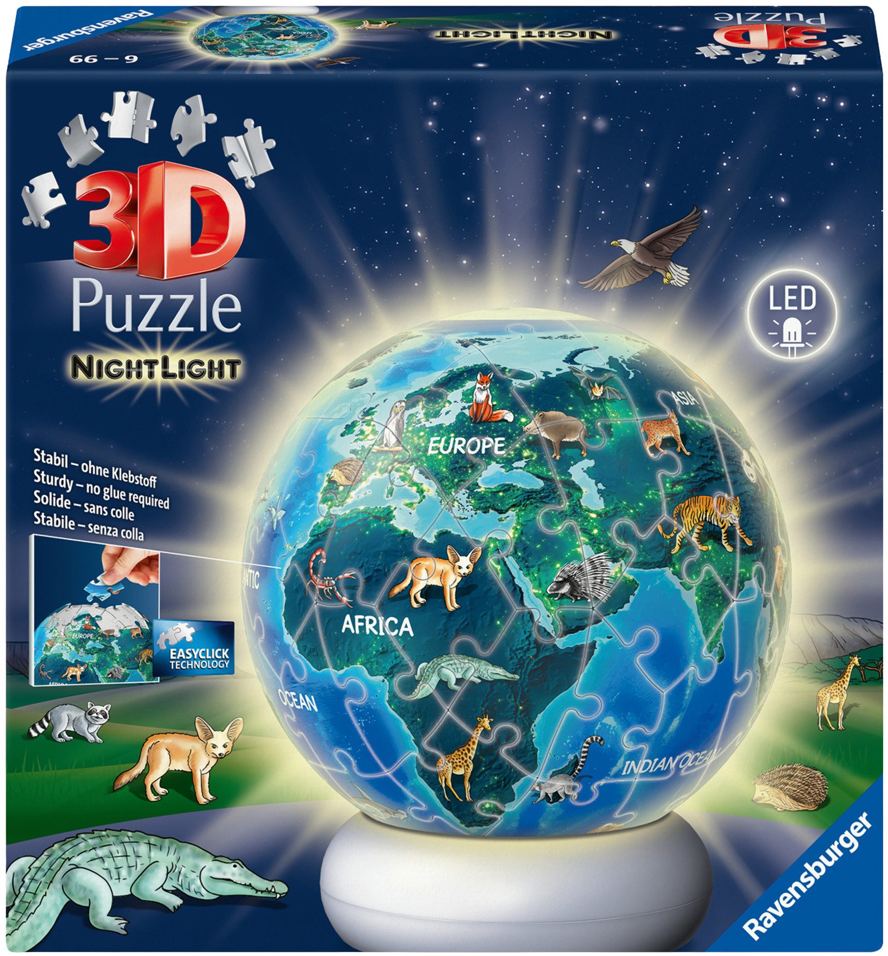 Ravensburger Puzzleball Nachtlicht Erde mit Tiermotiven, 72 Puzzleteile, beleuchtet