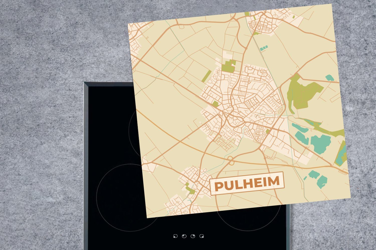 Arbeitsplatte Herdblende-/Abdeckplatte Vintage - Karte - 78x78 (1 tlg), cm, Vinyl, Pulheim Karte, - Ceranfeldabdeckung, MuchoWow küche für