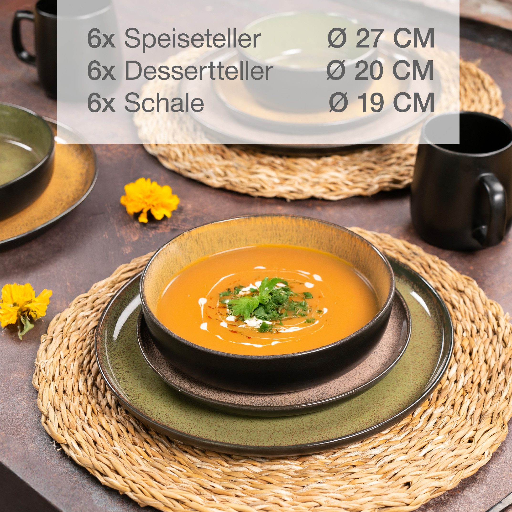 Moritz & Moritz Tafelservice VIDA Geschirrset für 6 Personen Vintage (18-tlg), 6 Personen, Porzellan, Kombigeschirr für 6 Personen