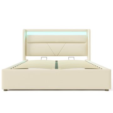 REDOM Polsterbett Doppelbett Bettgestell Stauraumbett mit LED-Beleuchtungsleiste, Funktionsbett, Weiß (Mit Fernbedienung), ohne Matratze