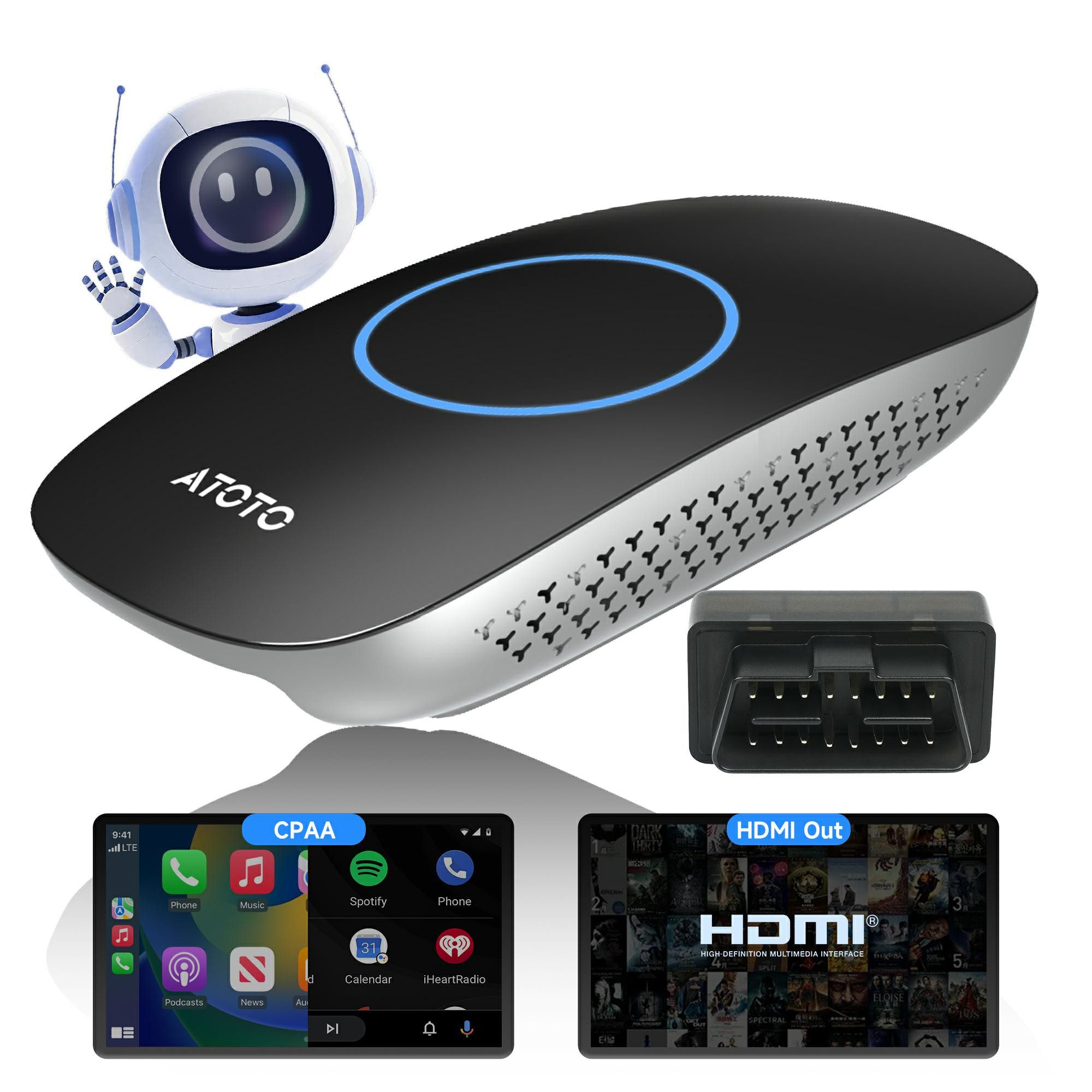 Atoto Magic Box: Wireless CarPlay & Android Auto AI Box mit HDMI & OBD2 Adapter, WiFi Connectivity & FindApps, Android OS & USB Expansion