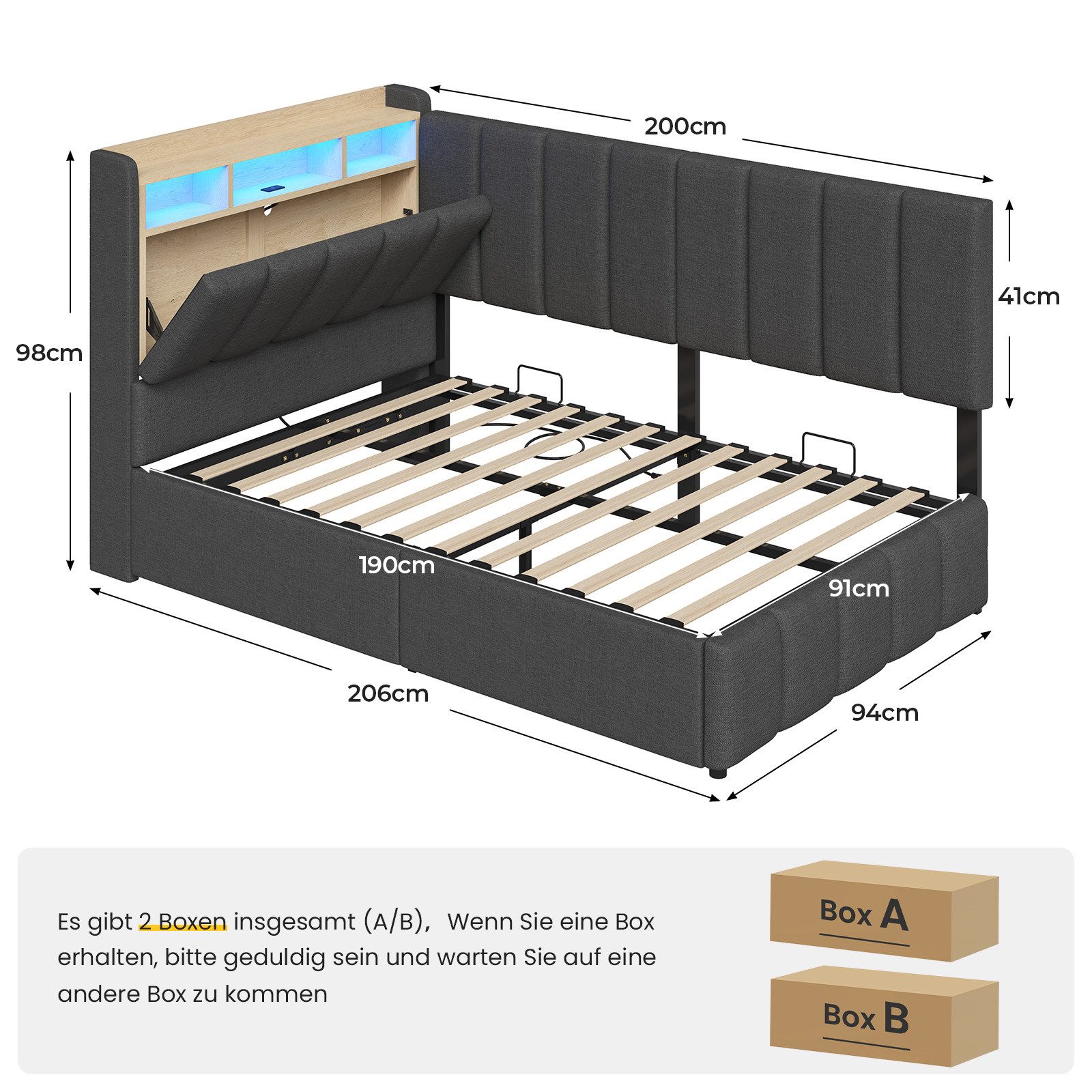 KIMENICH Jugendbett Polsterbett mit LED, Ladestation & Bettkas, Daybett, Schlafsofa (Ohne Matratze), Tagesbett für Schlaf- und Gästezimmer in 90 x 190 cm