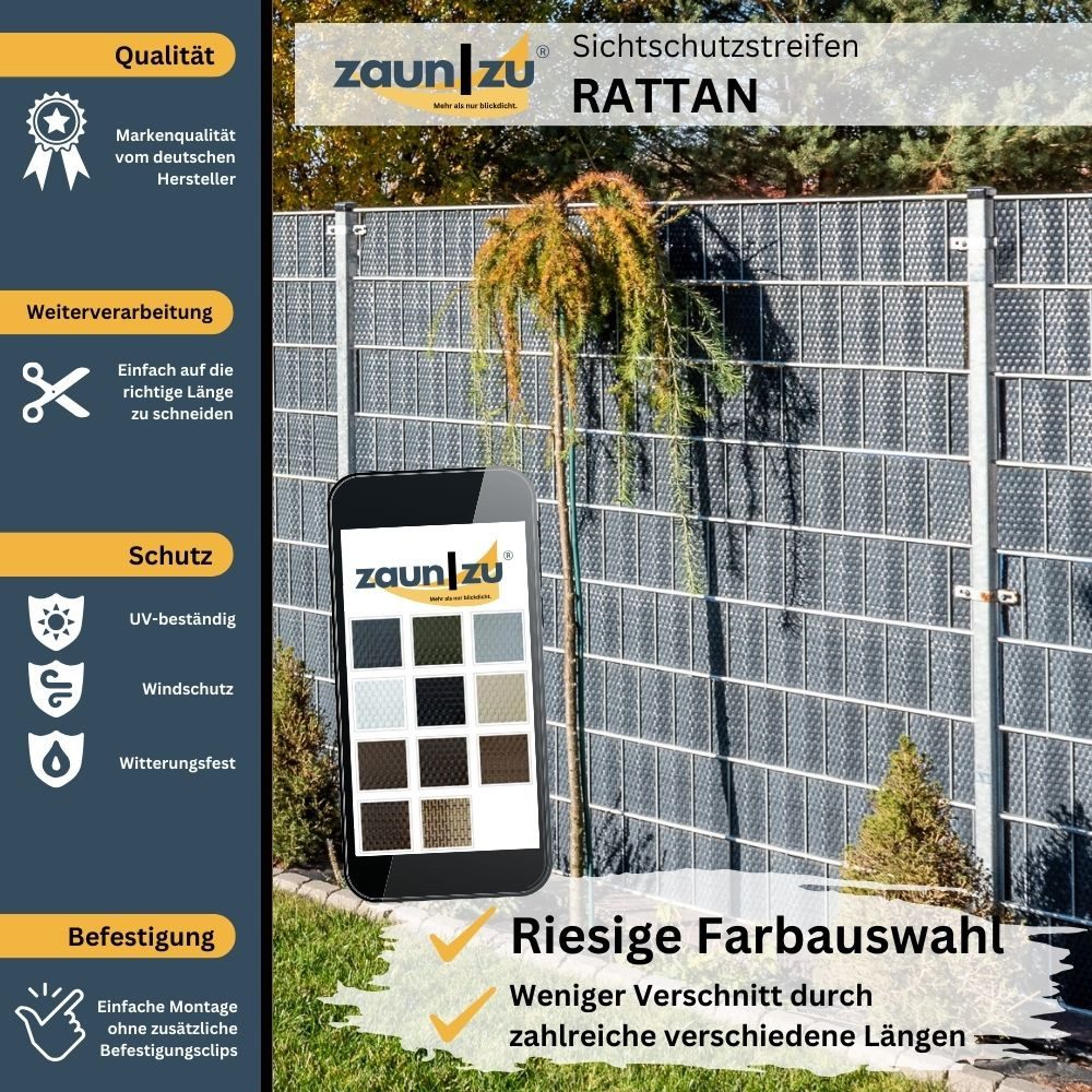 zaunzu Sichtschutzstreifen Rattan PE für Doppelstabmatten Weiß 26m, (1x Rolle, UV-beständiger Sichtschutz), 2 Jahre garantierte Farbechtheit