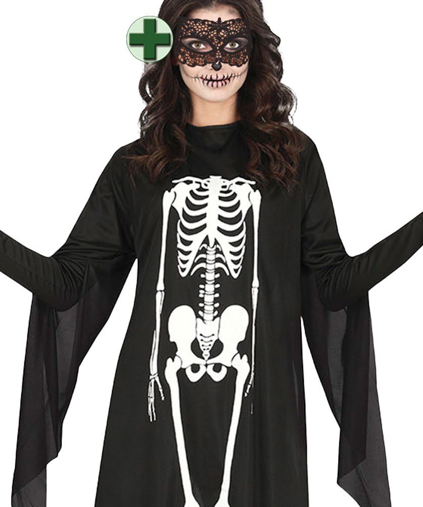 Karneval-Klamotten Kostüm Horror Damen Skelett mit schwarze Augenmaske, Frauenkostüm Halloween Tunika schwarz mit Aufdruck