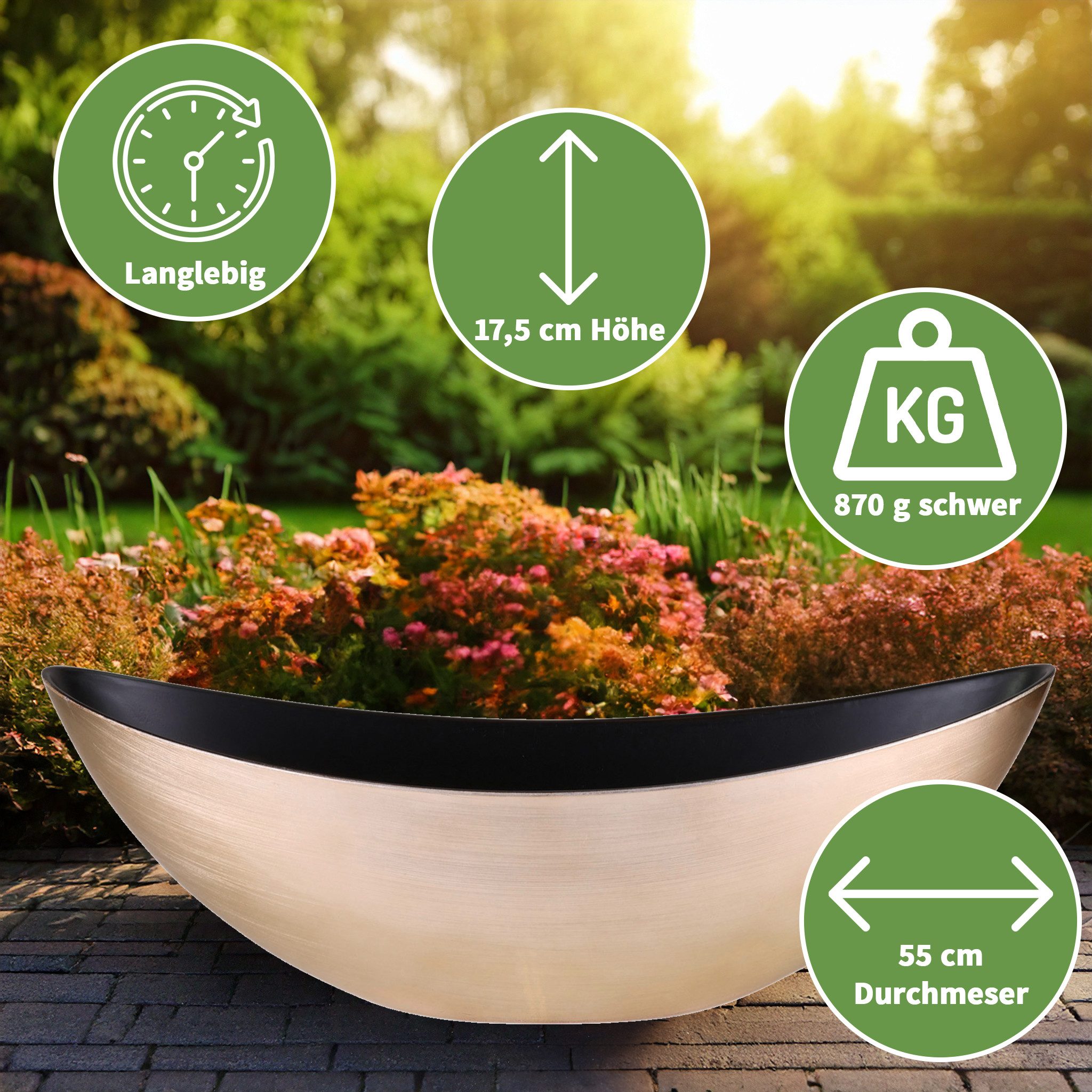 matches21 HOME & HOBBY Blumentopf Große Vintage Outdoor Pflanzschale oval 55 cm gold-farben (1 St), Längliche Deko-Schale als wetterfeste Garten-Deko Blumen-Schale