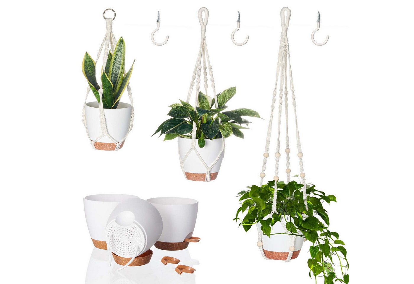 Bamworld Hängekorb Makramé-Hängekörbchen-Set 3er, 3 selbstbewässernde Töpfe + Haken (3 St), Boho-Dekoration aus Baumwollseil – Platzsparend & stabil