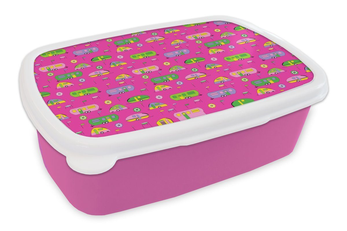 MuchoWow Lunchbox Sommer - Wohnwagen - Schnittmuster, Kunststoff, (2-tlg), Brotbox für Erwachsene, Brotdose Kinder, Snackbox, Mädchen, Kunststoff rosa