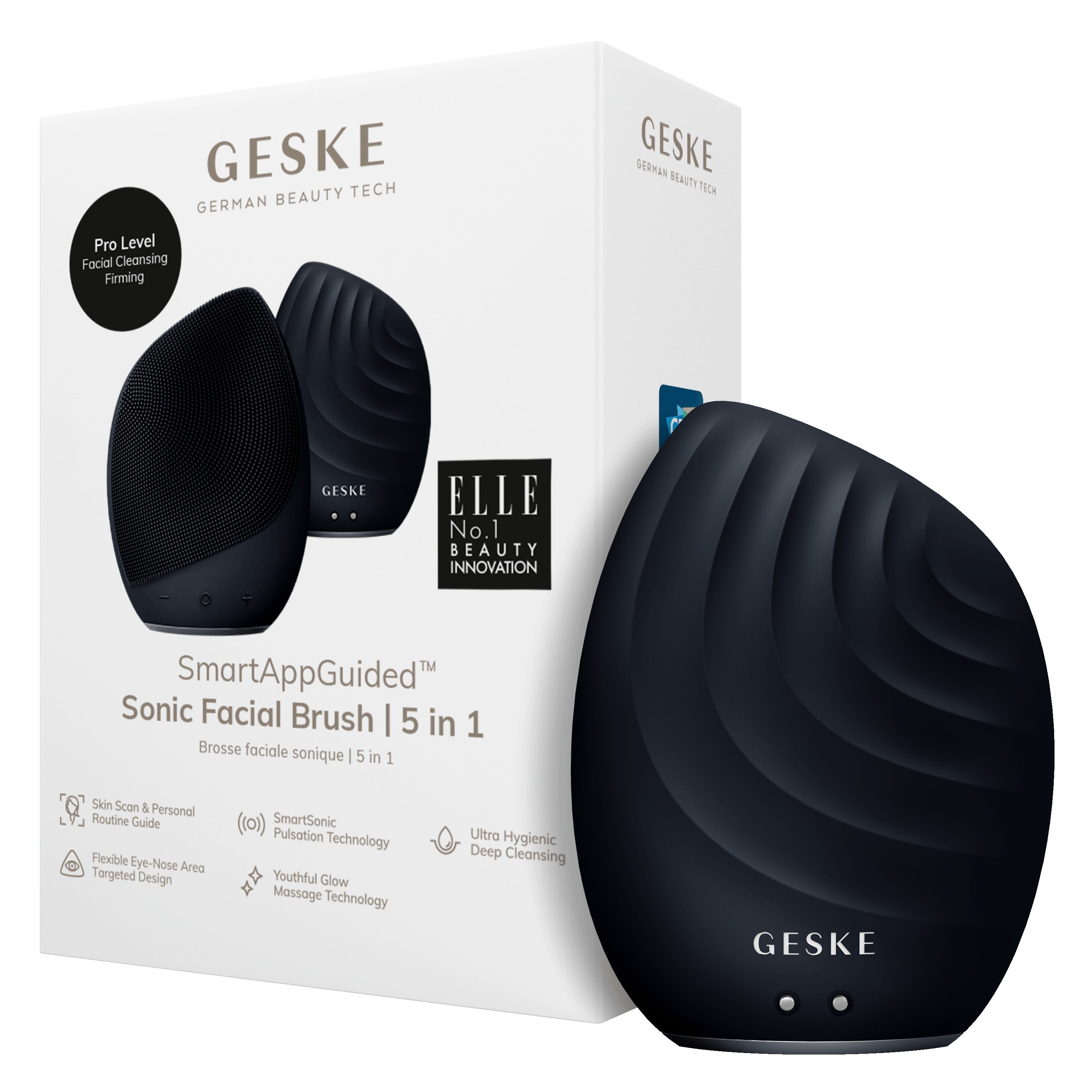 GESKE German Beauty Tech Elektrische Gesichtsreinigungsbürste SmartAppGuided™ Sonic Facial Brush 5 in 1, Packung (Gerät & USB-Ladekabel), 2-tlg., Gerät inkl. kostenloser APP (SmartAppGuided Device), Mit der GESKE App erhältst Du deine personalisierte Hautpflegeroutine. Black