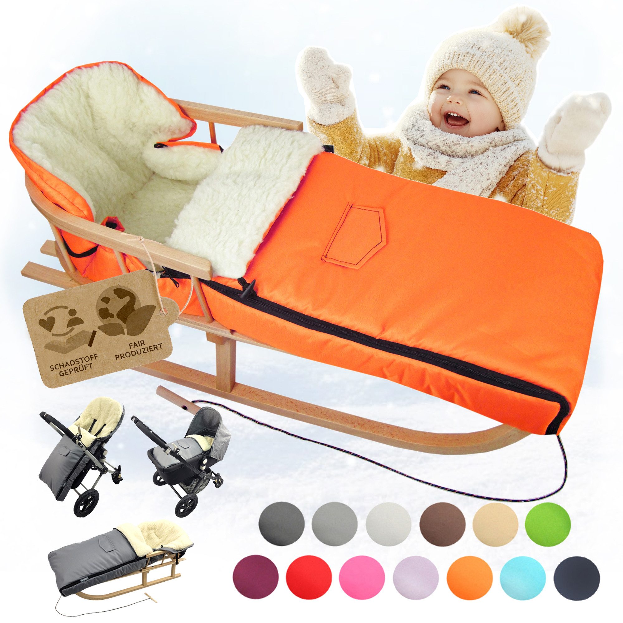 BambiniWelt by Rafael K. Санки CE-HOLZSCHLITTEN mit Rückenlehne Zugleine + WINTERFUßSACK Wolle 108cm (universaler Winterfußsack (108cm) + Деревянные санки (90cm), Kombi-Angebot