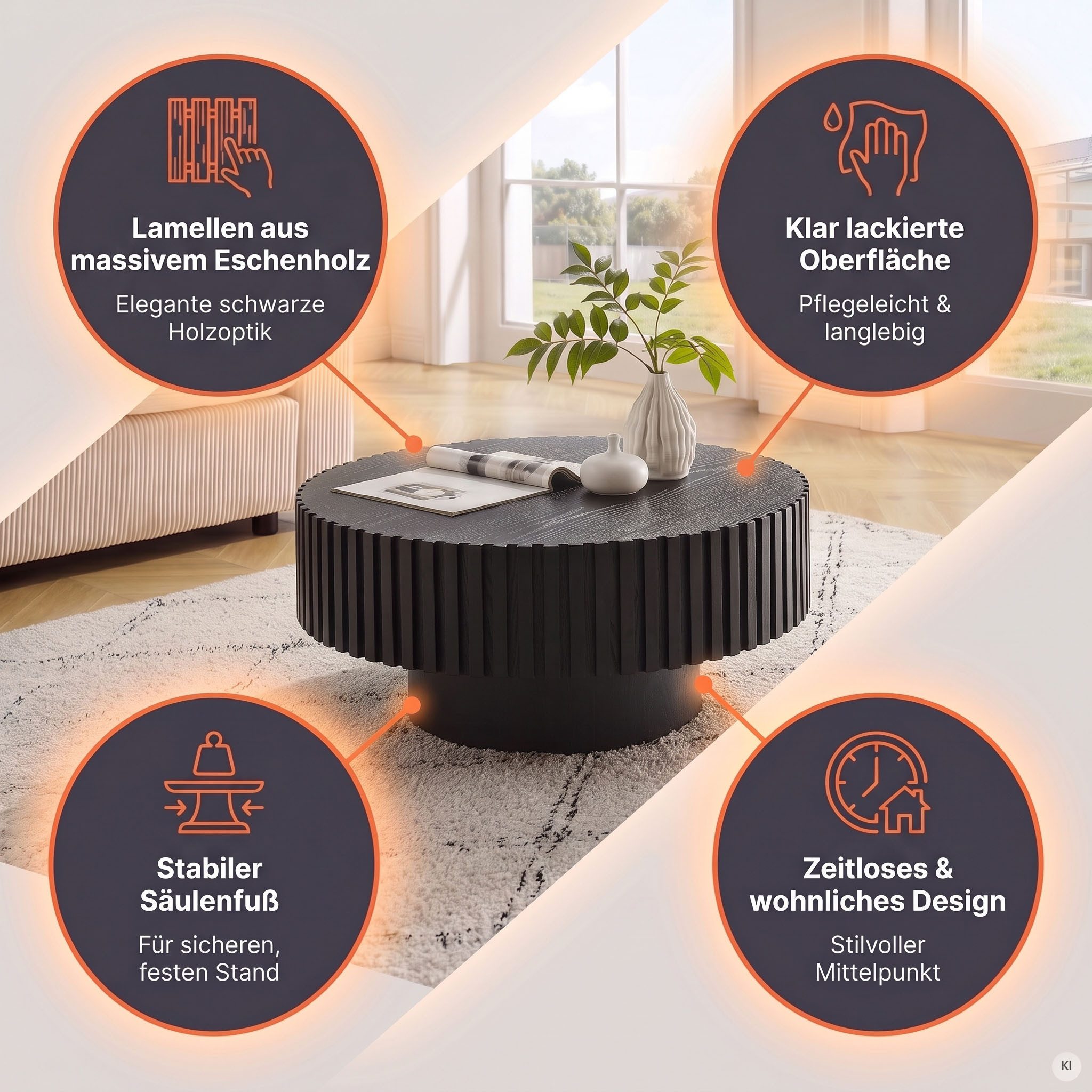 SalesFever Couchtisch rund mit Massivholz-Lamellen Ø 80 cm (1-St), Moderner Holztisch fürs Wohnzimmer mit Echtholzfurnier