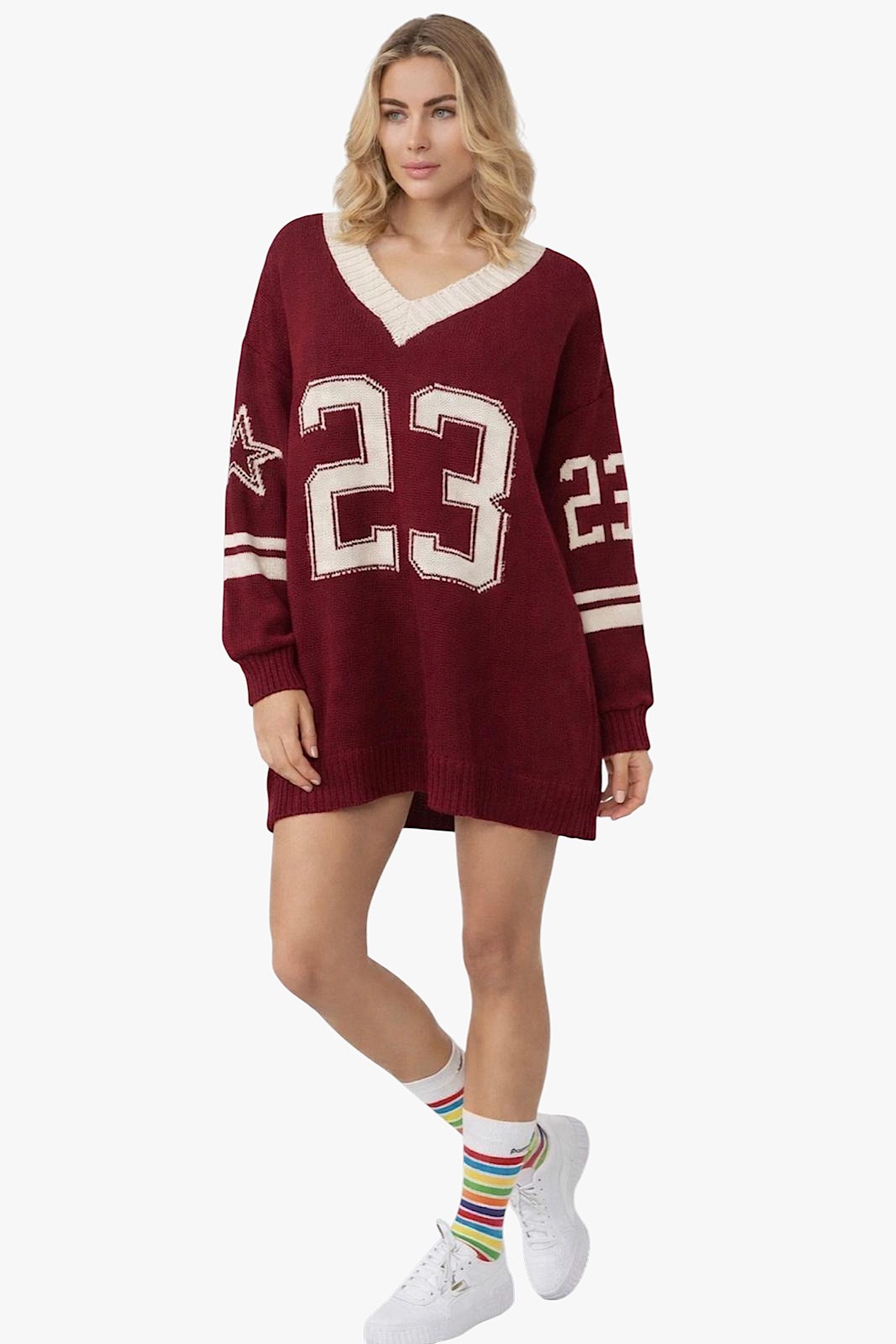 Worldclassca Longpullover WORLDCLASSCA Oversized Strickpulllover College 23 Pulli V-Ausschnitt Neue Kollektion - Stilvolle und gemütliche Strickmode für Damen