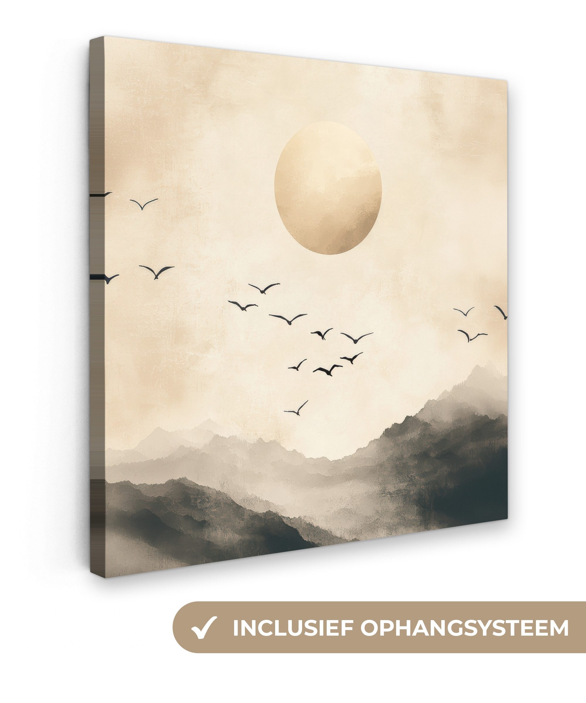 OneMillionCanvasses® Leinwandbild Landschaft - Japandi - Vogel, Fotodruck (1 St), Wandbild, Deko Schlafzimmer Wohnzimmer Flur 20x20 cm