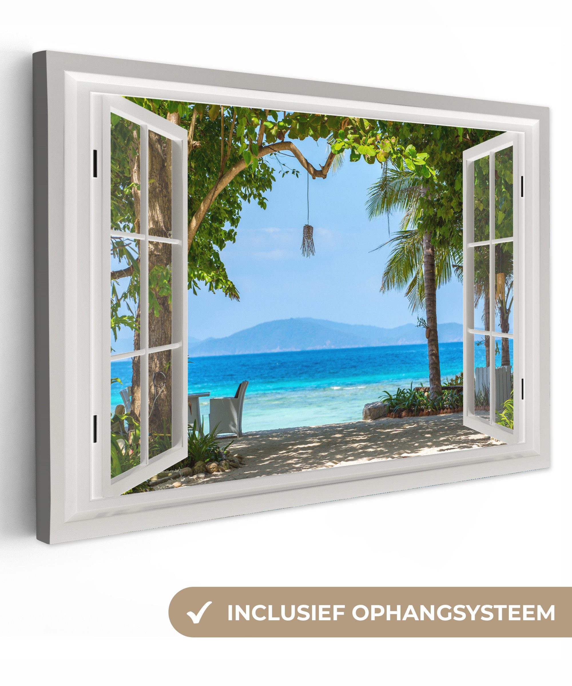 OneMillionCanvasses® Leinwandbild Aussicht - Baum - Meer - Palme - Hügel - Strand - Blau, Fotodruck (1 St), Leinwand Bilder Klein, Wand Dekoration Aesthetic 30x20 cm