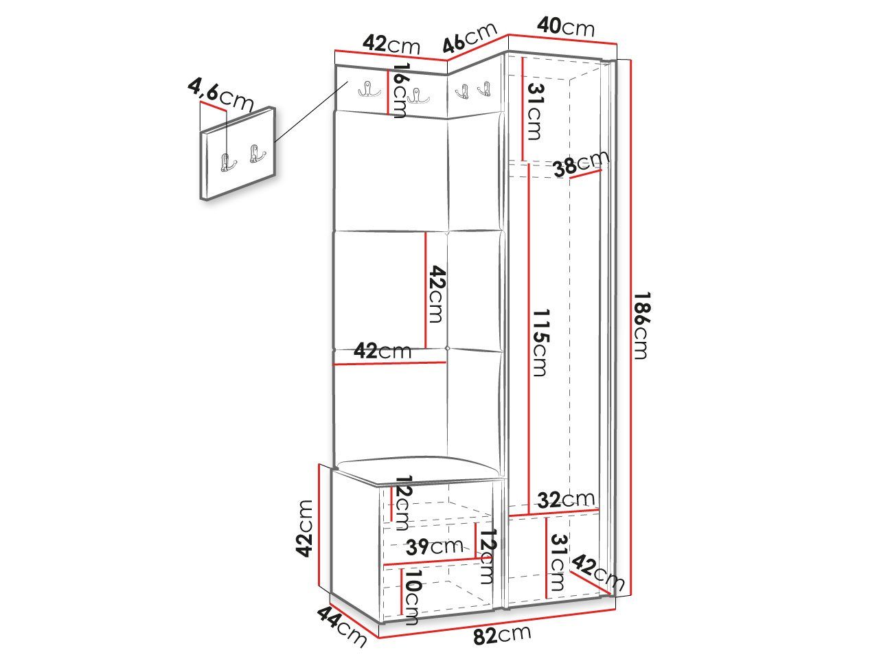 MIRJAN24 Garderoben-Set Orion Ryfel Slim XXV, (Kleiderschrank, Schuhschrank, Kleiderhakenbrett, 7x Paneel 42x42), 6 Kleiderhaken für Kleidung, Metallgriffe