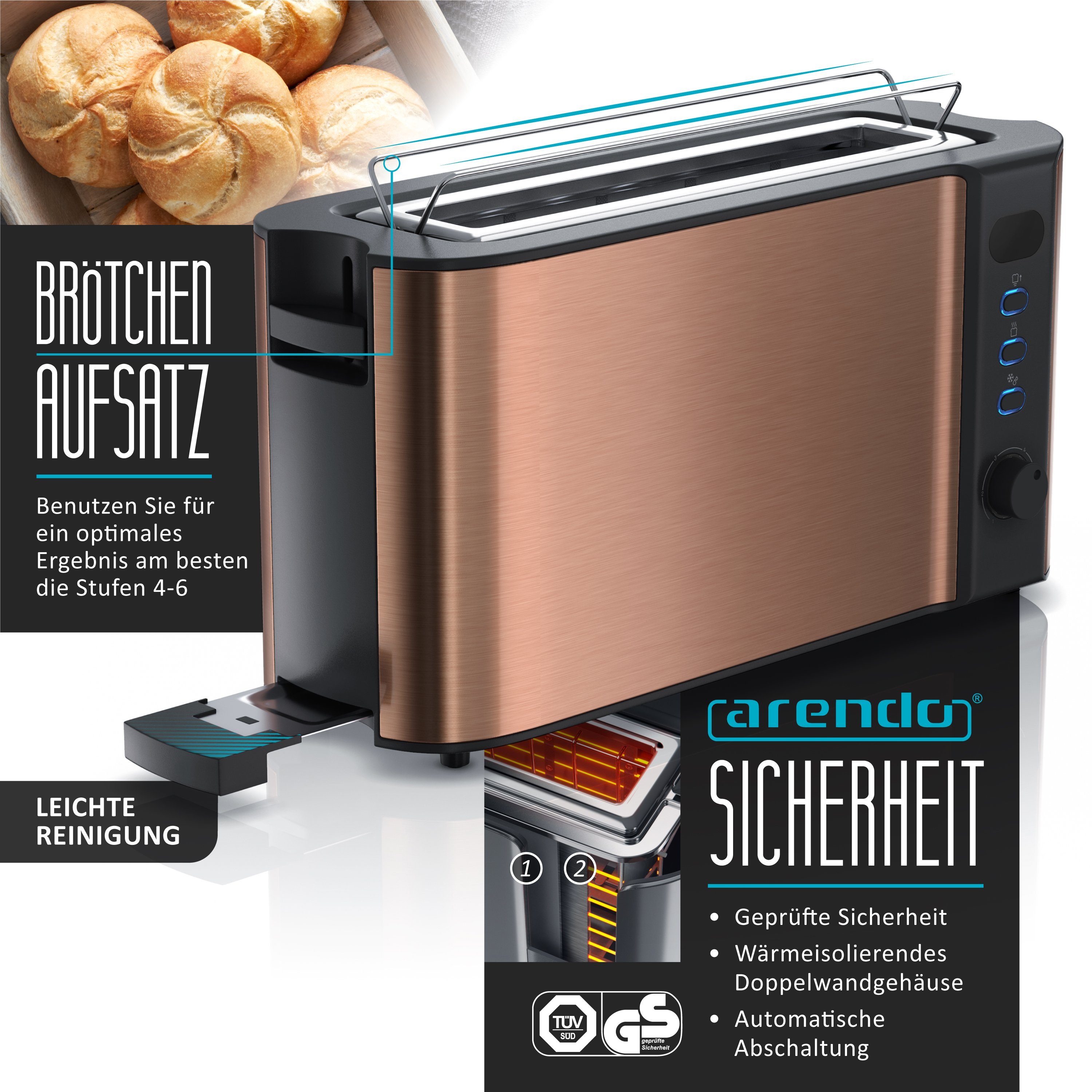 Arendo Frühstücks-Set Wasserkocher 1,5l & 2-Scheiben Langschlitz Toaster, Edelstahl, Kupfer (2-tlg), Wasserkocher mit Temperaturwahl, Toaster mit Brötchenaufsat – Bild 5 von 5