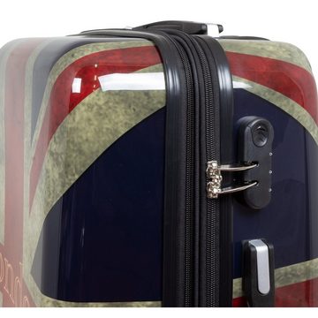 Trendyshop365 Hartschalen-Trolley Union Jack, bunter Koffer mit London-Motiv, 3 Größen, 4 Rollen, Zahlenschloss, Polycarbonat, Dehnfalte