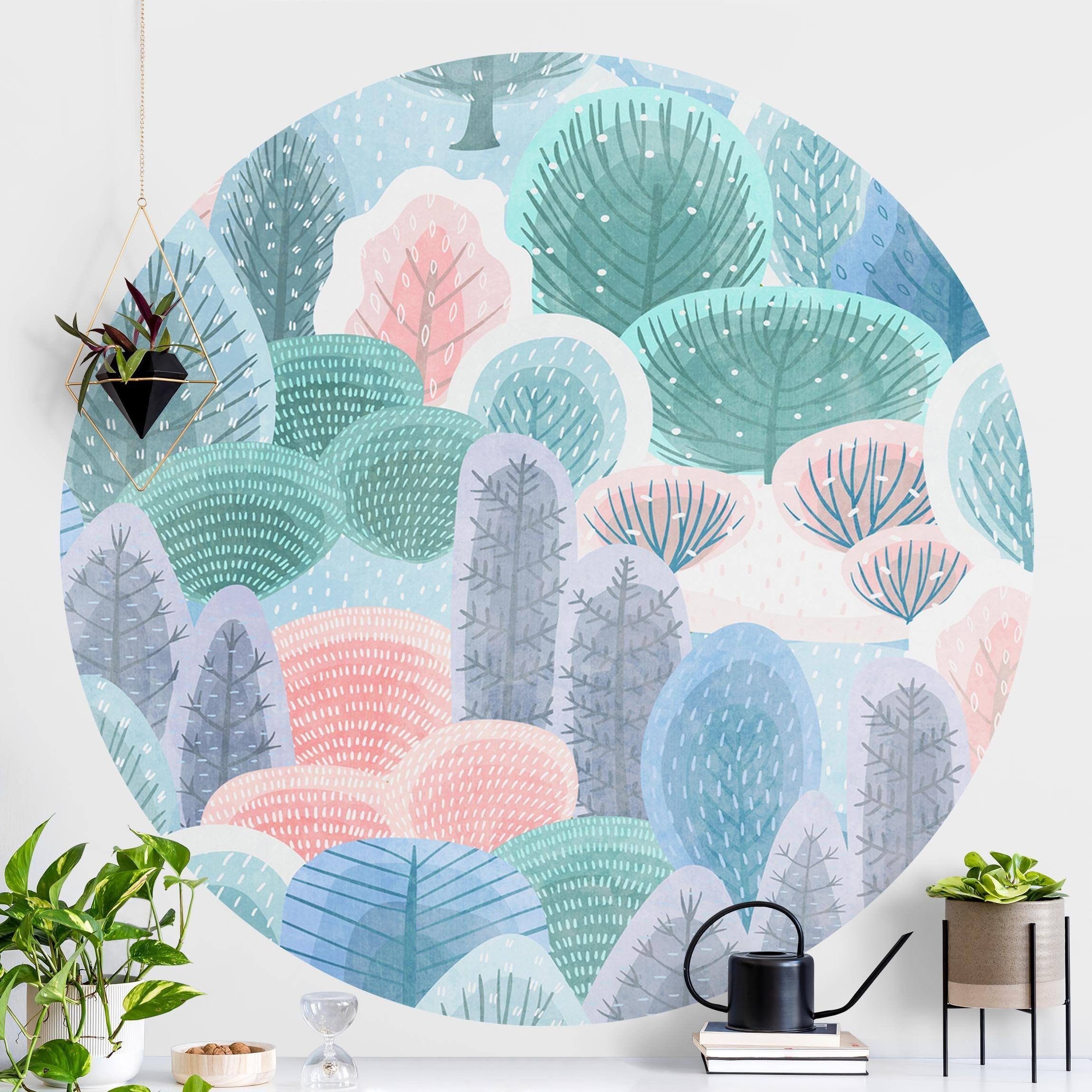 Bilderdepot24 Kindertapete rund Glücklicher Wald Pastell, Glatt, Matt, (Vliestapete selbstklebend), Wohnzimmer Schlafzimmer Küche Wandtattoo Motivtapete Klebe Wandtapete