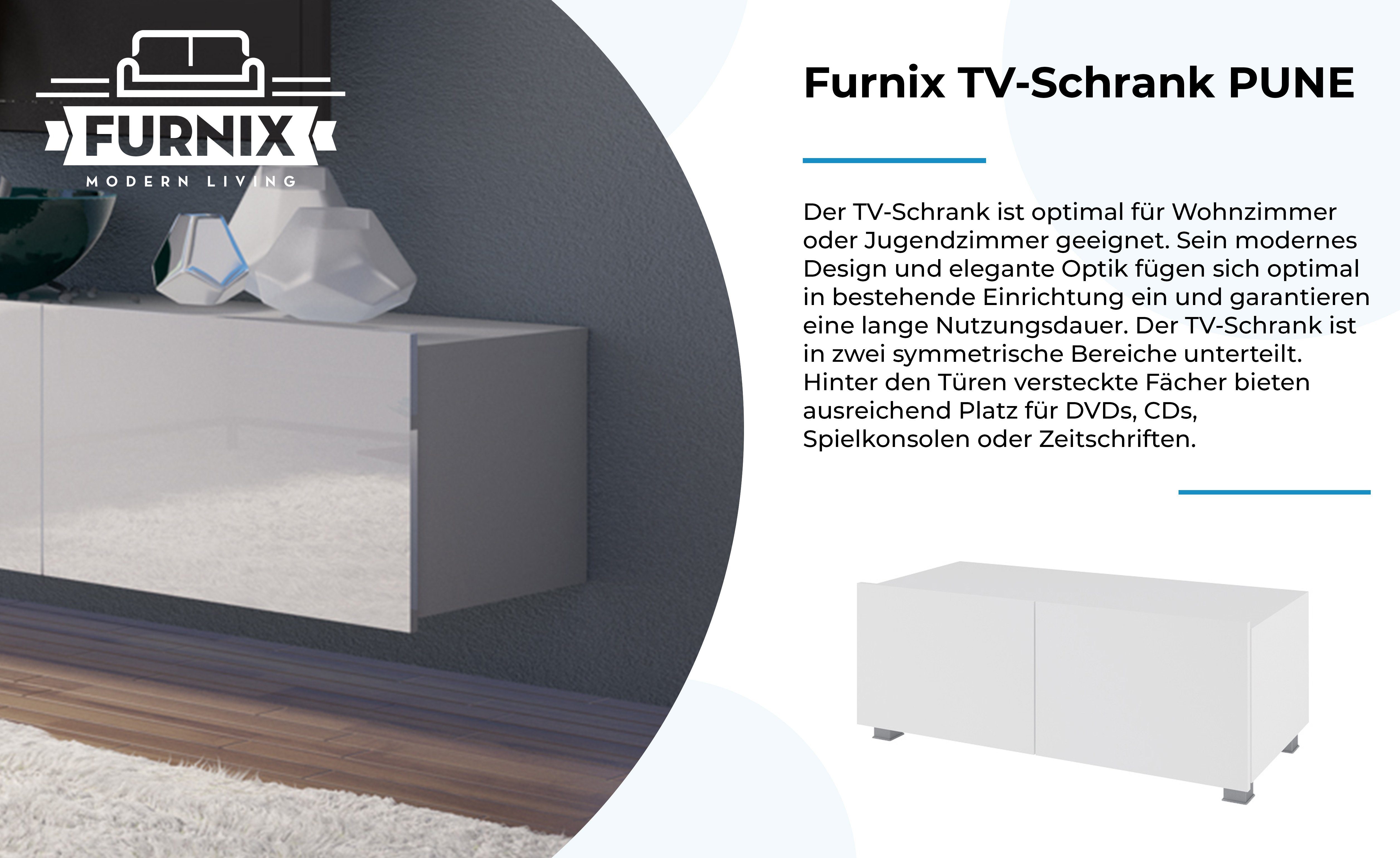 Furnix TV-Schrank Wahl Wandmontage oder Glanz möglich PUNE TV-Lowboard freistähend Wohnzimmer fürs 100 nach Weiß/Weiß